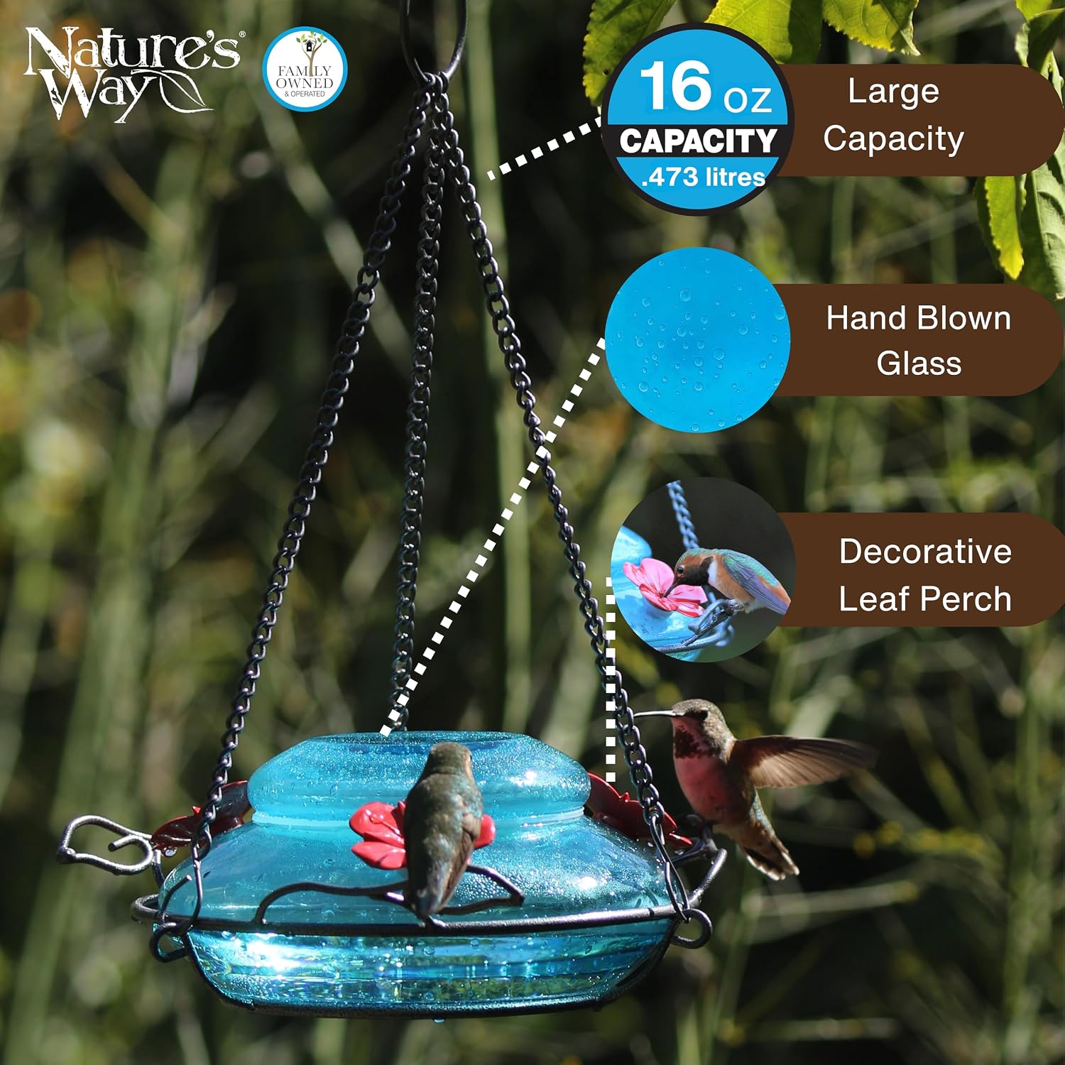 Nature's Way Bird Products MHF4 Hand Blown Garden Top Fill Hummingbird Feeder, 16 oz Capacity, Red