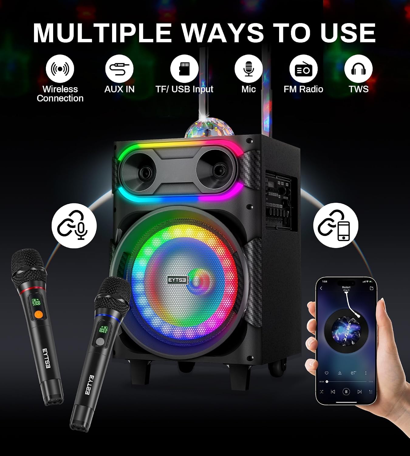 Karaoke Machine for Adults with 2 Wireless Microphones, BT PA System with Disco Ball LED Lights, Rolling Wheels, Tablet Holder, Remote Control