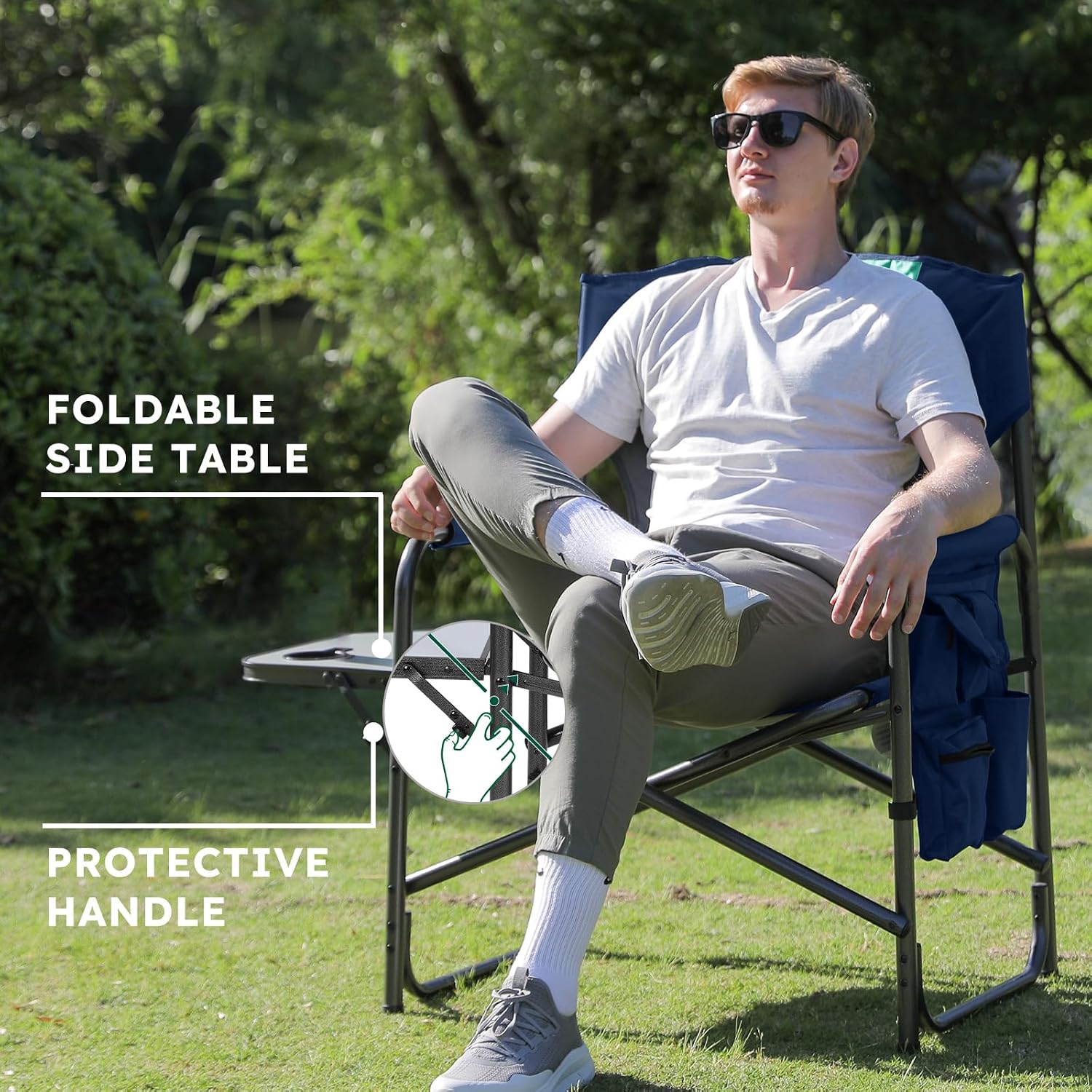 Colegence Oversized Directors Camping Chair for Adults, 600 lb, Black | Heavy duty folding outdoor chair with 28" wide seat, supportive back, side table, cup holder and detachable storage pocket