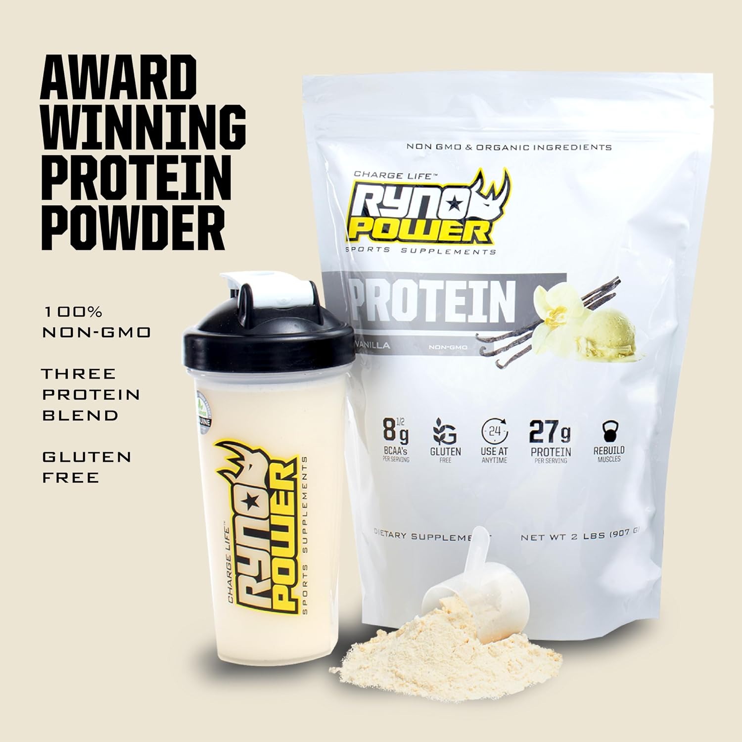 Ryno Power All Natural Whey Protein 2lb (20 Servings) 'Chocolate' - 100% Whey Protein Blend & No Fillers - Non GMO