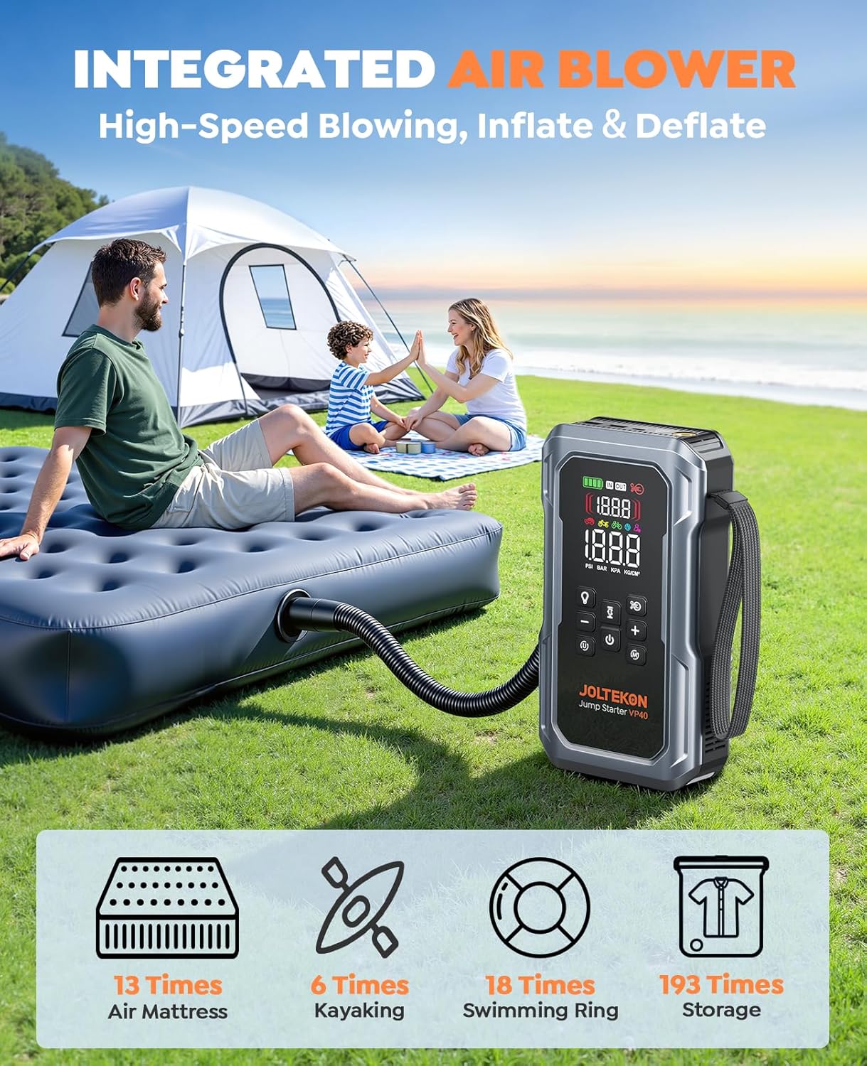 6000A 160PSI 9-in-1 Car Battery Jump Starter with Air Compressor & Air Blower (All Gas 12L Diesel)