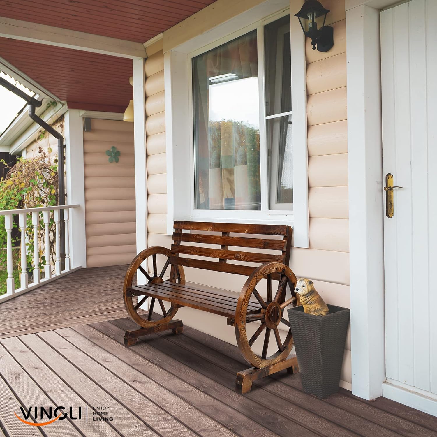 VINGLI Rustic Wooden Wheel Bench Outdoor Bench, Patio Bench Wagon Slatted Seat, Garden Benches for Outdoors 350lbs High Capacity