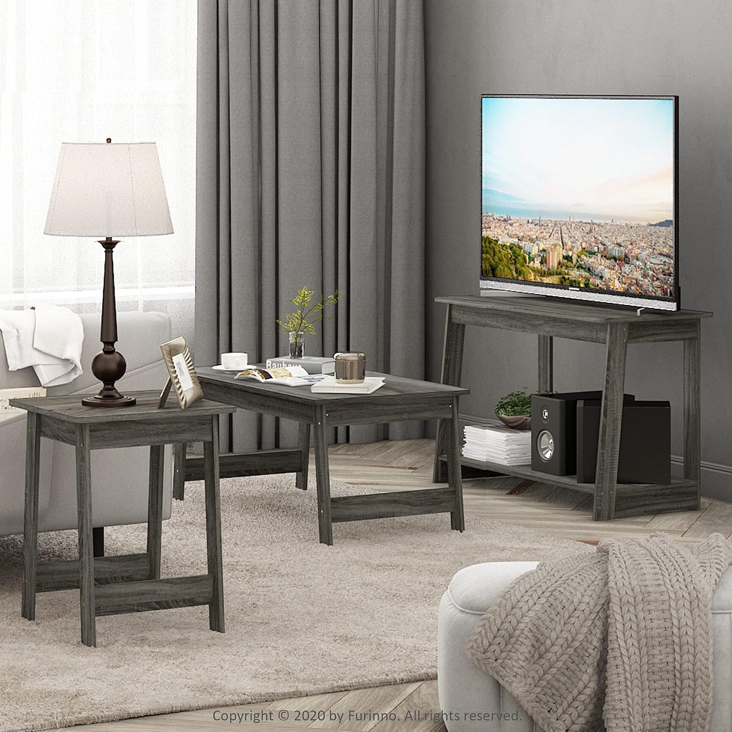 Furinno Beginning TV Stand, 2-Tier Rectangular Entertainment Center with Shelf, TV Console for TV up to 36 Inch, Open Back, for Living Room, Bedroom, French Oak