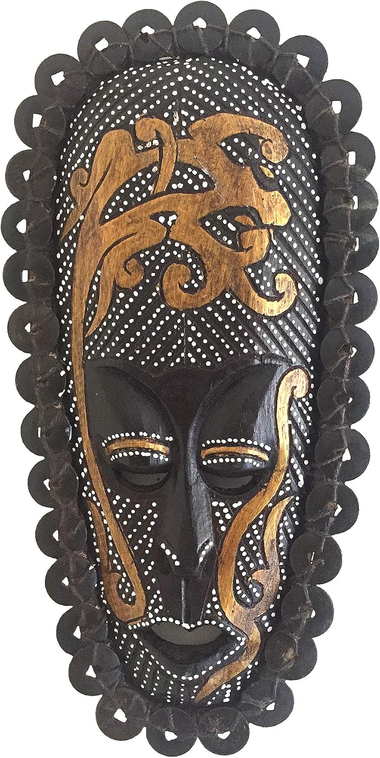 OMA Handcrafted African Tribal Wall Mask with Real Ceremonial Coins – Solid Wood Maori-Style Face Art for Home Decor (Natural Brown)