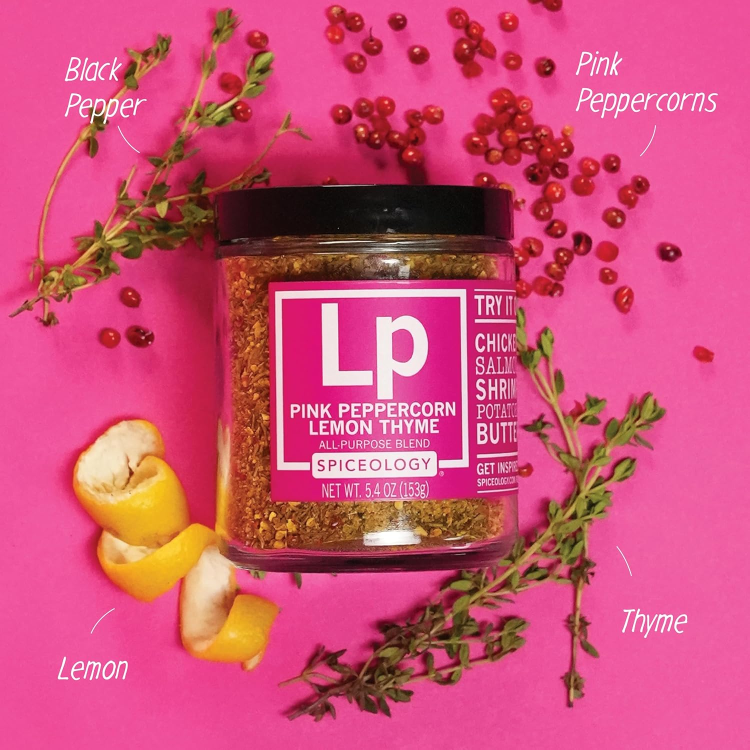 Spiceology Pink Peppercorn Lemon Thyme Seasoning, 5.4 oz | Use On: Chicken, Salmon, Shrimp, Potatoes, Butter, Vegetables, Salad Dressing, Lemon Pepper Seasoning, Vegetable Seasoning
