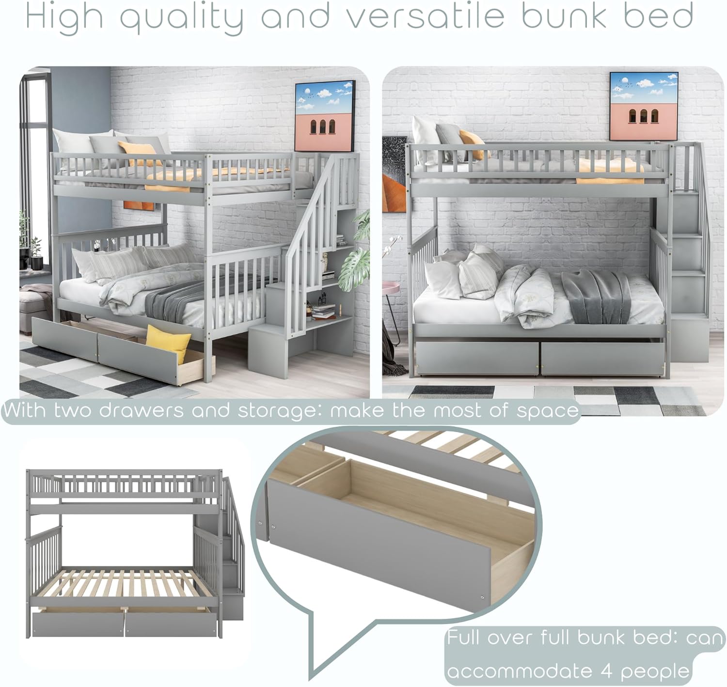 Bellemave Full Over Full Bunk Beds with Stairs Stairway Bunk Bed Frame with Storage Shelves for Teens Adult, Detachable Wood Full Bunk Bed, Gray
