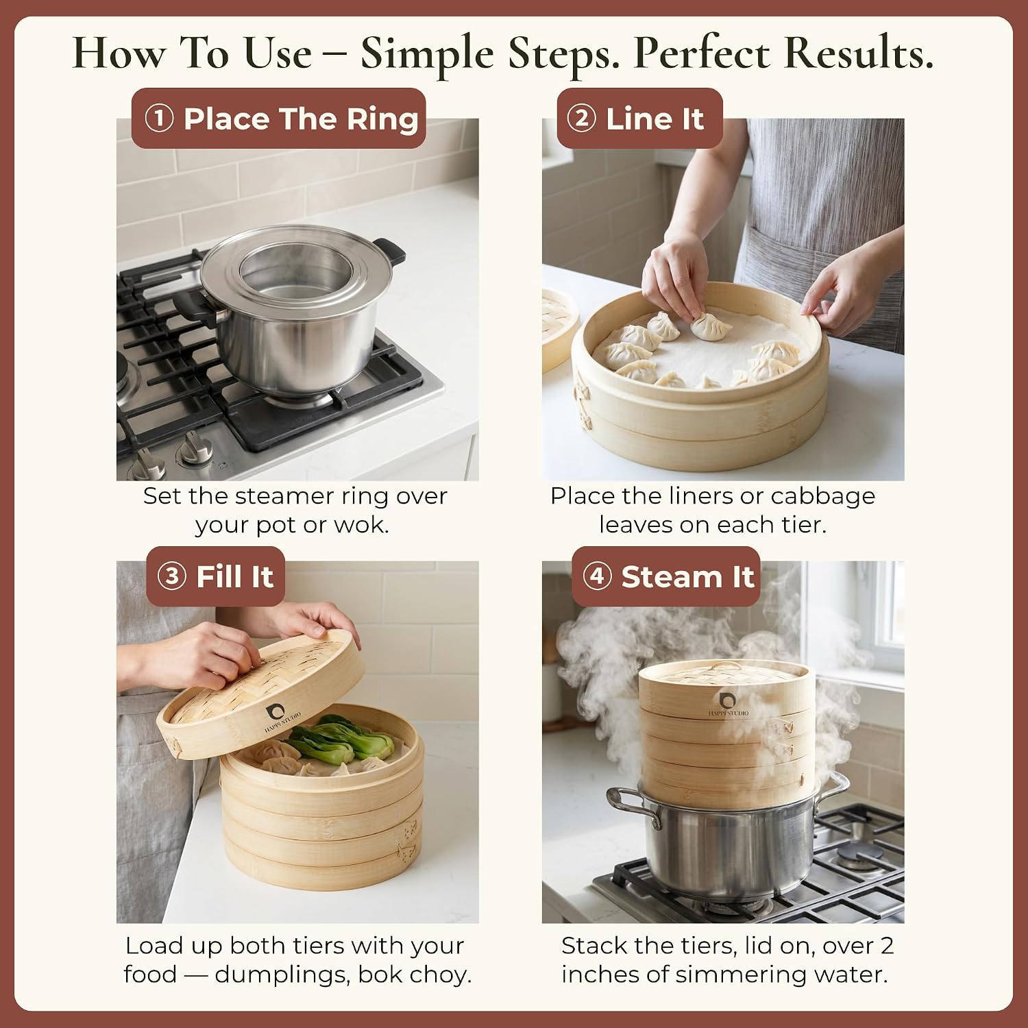 HAPPI STUDIO Bamboo Steamer Basket 10 Inch, Extra Deep Dumpling Steamer Set
