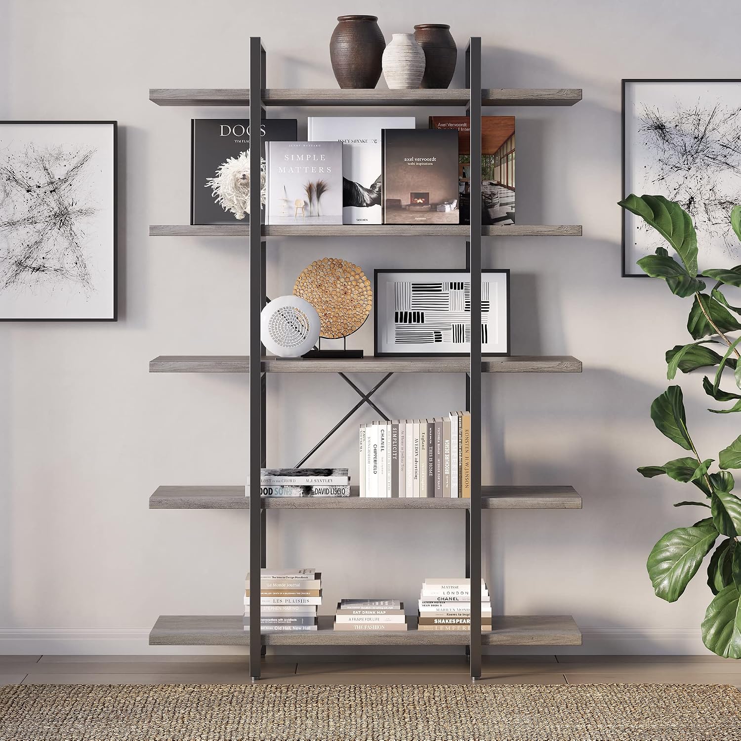 BELLEZE 4 Tier Modern Rustic Industrial Bookshelf, Open Wide Office Etagere Book Shelf