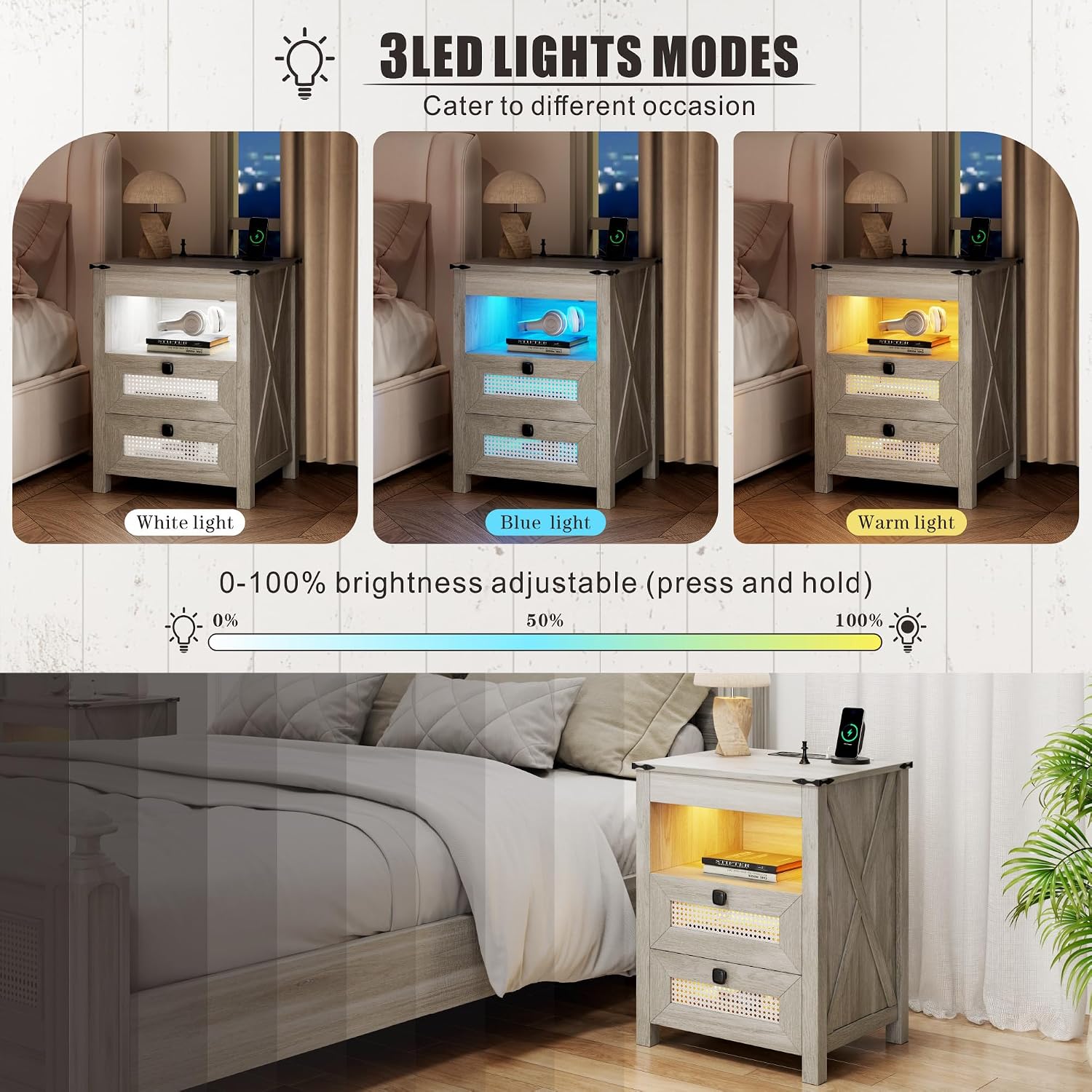 LED Night Stand with Gun Drawer & Charging Station | Human Sensor Lights, Hidden Storage, Farmhouse Rattan Style, 3 Drawers, Bedside Table for Bedroom, End Tables Livingroom