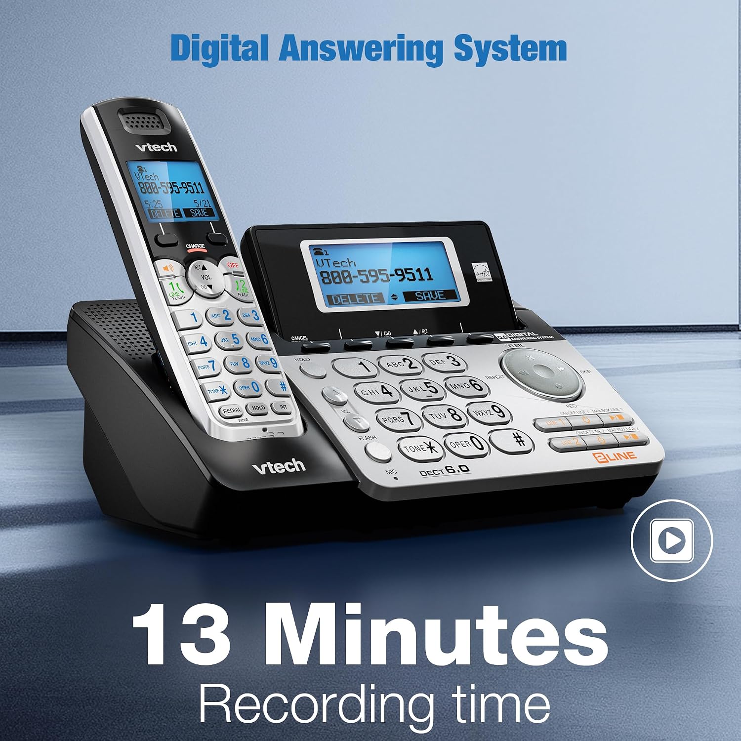 VTech DS6101 Accessory Handset for DS6151 Series, Black/Silver | 2-Line Cordless Phone, Answering System, Expandable up to 12 Handsets, Intercom & Conference