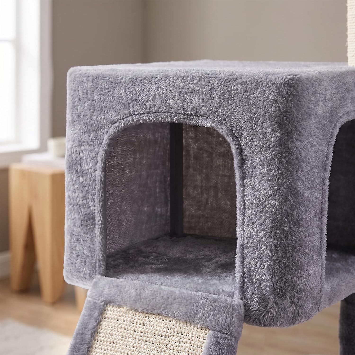 32" Cat Tree for Indoor Cats, 2-in-1 Cat House with Sisal Scratching Post & Ramp, 2-Level Cat Tower with Rotatable Feather & Ball Toys, Stable Grey Cat Condo for Small/Medium Cats, Grey