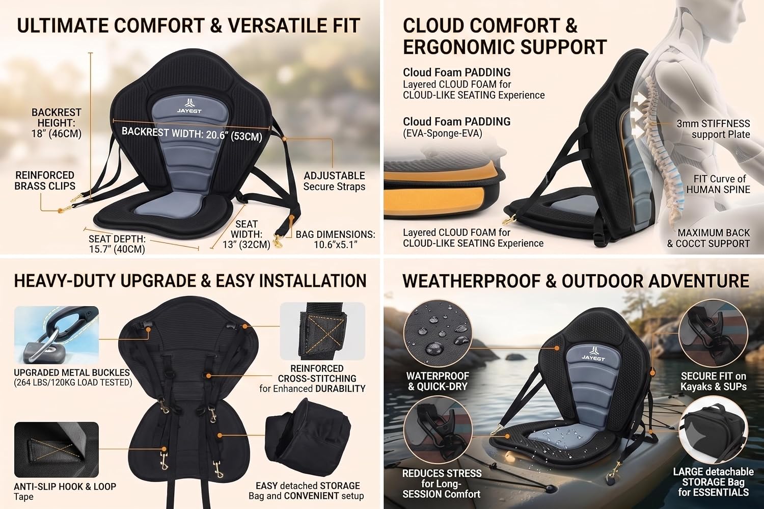 JAYEGT Kayak Seat Padded Deluxe High Back Canoe Seat with Back Support Adjustable Fishing Seat for Universal Sit with Detachable Kayak Backrest