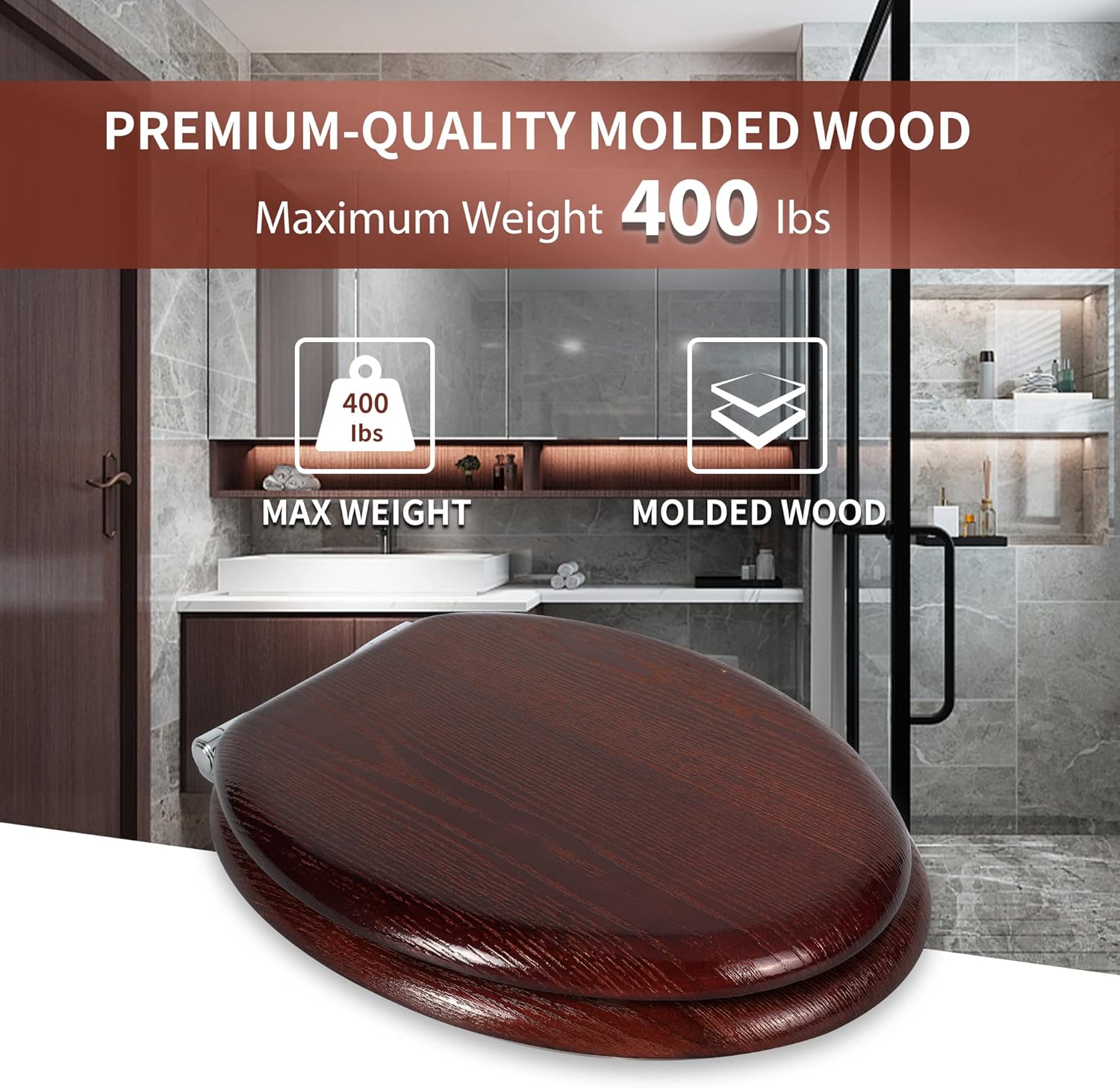 Angel Shield Toilet Seat with Zinc Alloy Hinges Quiet-Close Quick-Release Wood Molded UV Lid Easy Clean(Elongated,Black)