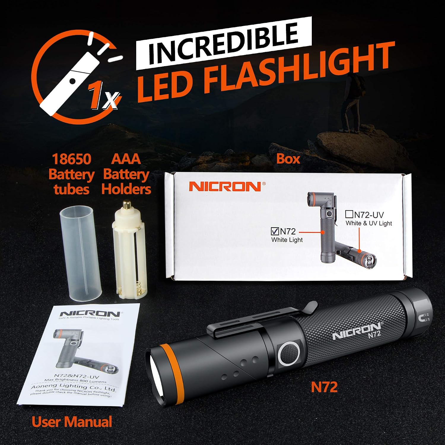 NICRON Flashlight, N72 800 Lumens Tactical Flashlight, 90 Degree Flashlight IPX4 Waterproof Led Flashlight 4 Modes- Best High Lumens are for Camping