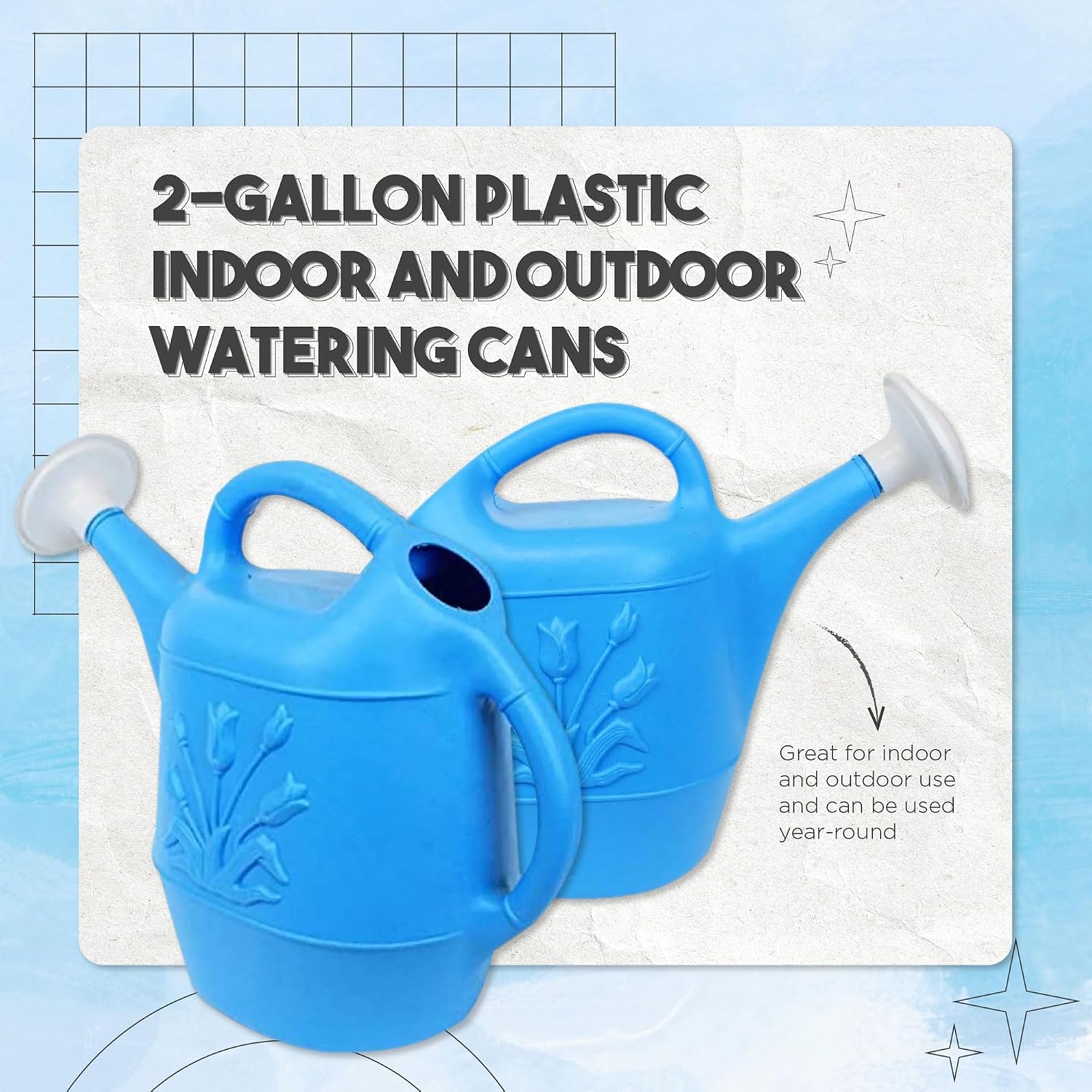 Union Products 63066 2 Gallon Plastic Indoor/Outdoor Watering Can w/Tulip Design for Garden, Potted Plants, & Patio Pots, Caribbean Blue