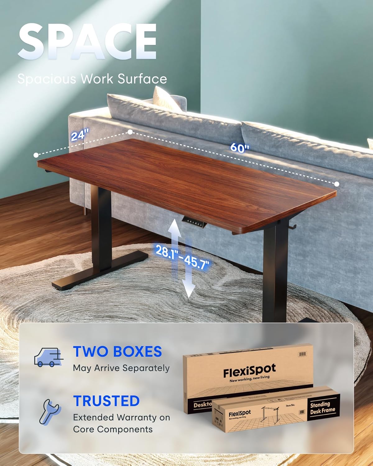 FLEXISPOT EN1 One-Piece Standing Desk, Electric Adjustable with 4 Memory Presets, 176 LBS Capacity, Stable & Quiet