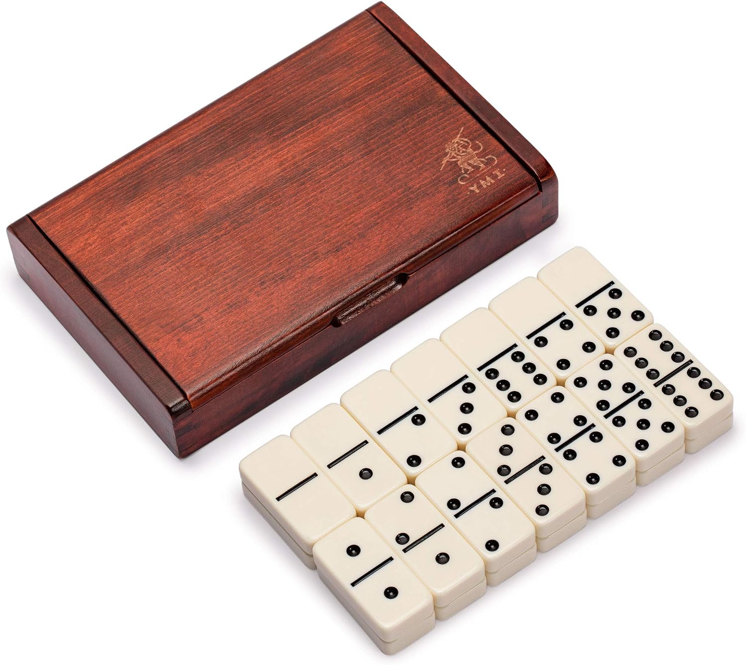 Yellow Mountain Imports 28 Tiles Double 6 Dominoes (Pips/Dots) Game Set - Jumbo Tournament Size Dominos with Dark Oak Wood Case