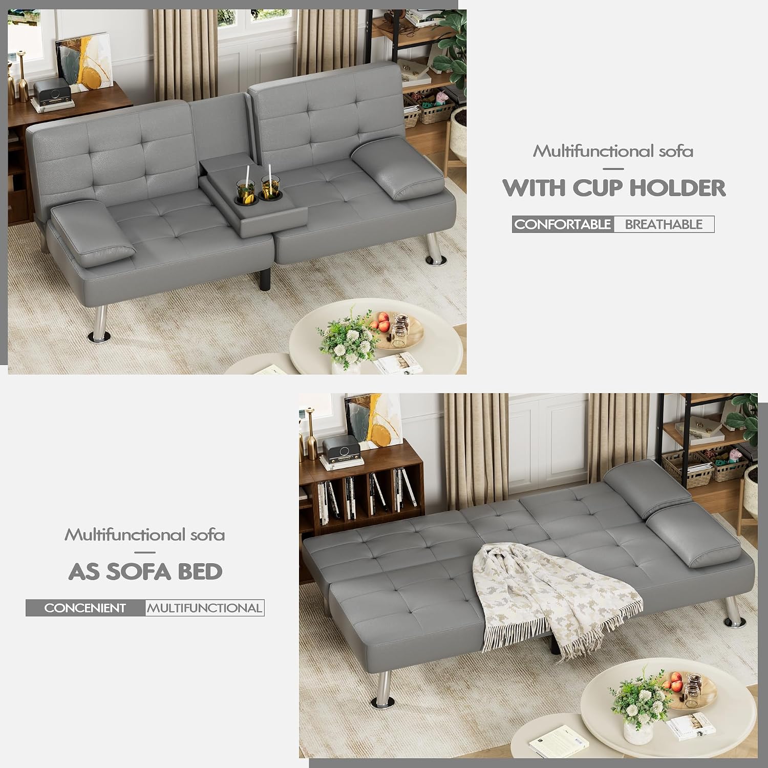 JUMMICO Faux Leather Futon Sofa Bed, Sleeper Sofa with Adjustable Backrest
