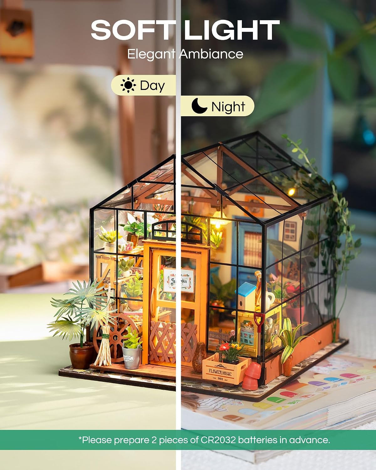 Rolife Greenhouse DIY Miniature Dollhouse Kit Creative Gift for Adults | 1:18 Scale Cathy's Flower House with LED Light, Wooden 3D Puzzle Model Kit