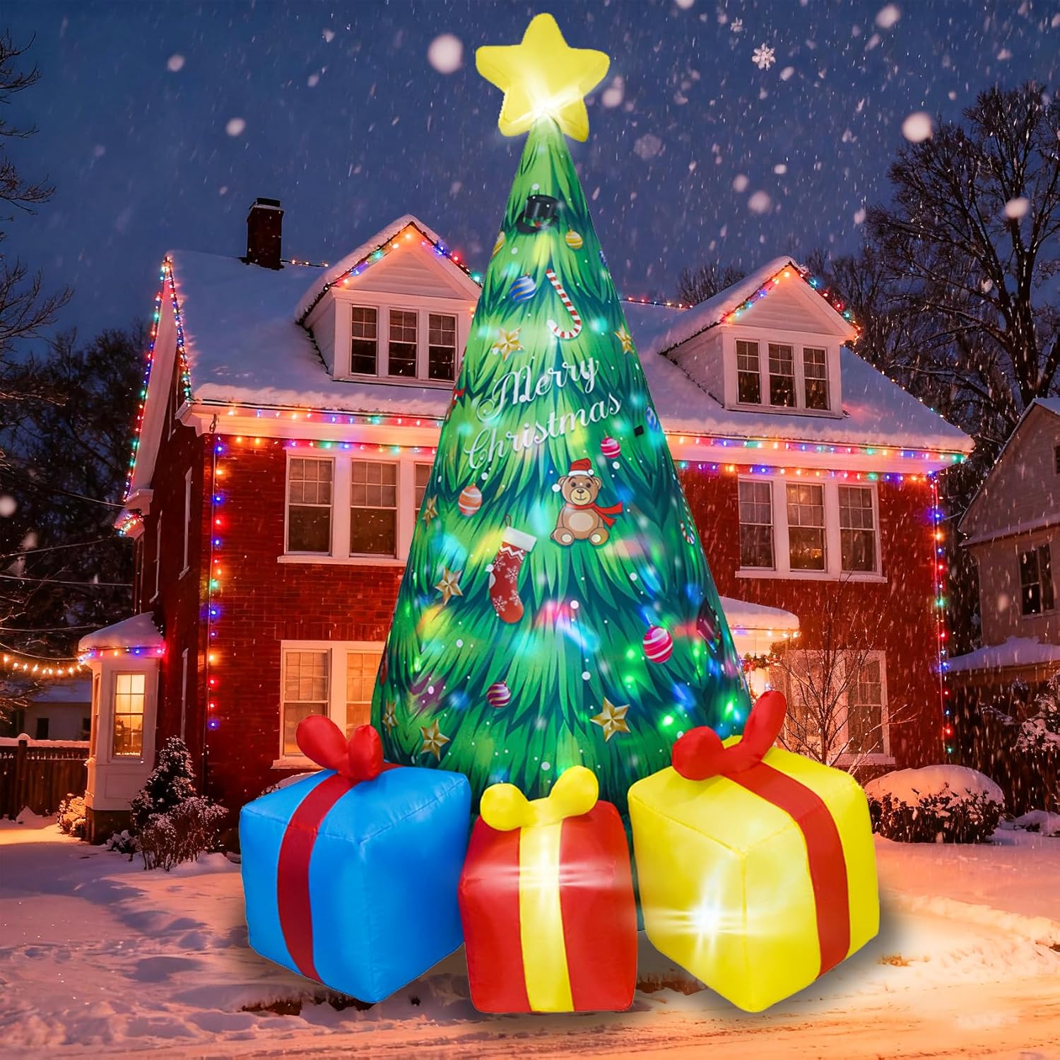 6.5FT H Animated Christmas Inflatable Tree with Santa Claus Chased by Dog Build-in LED Lights Funny Inflatable Dog Chasing Santa Claus,Blow Up Christmas Indoor Outdoor Decor