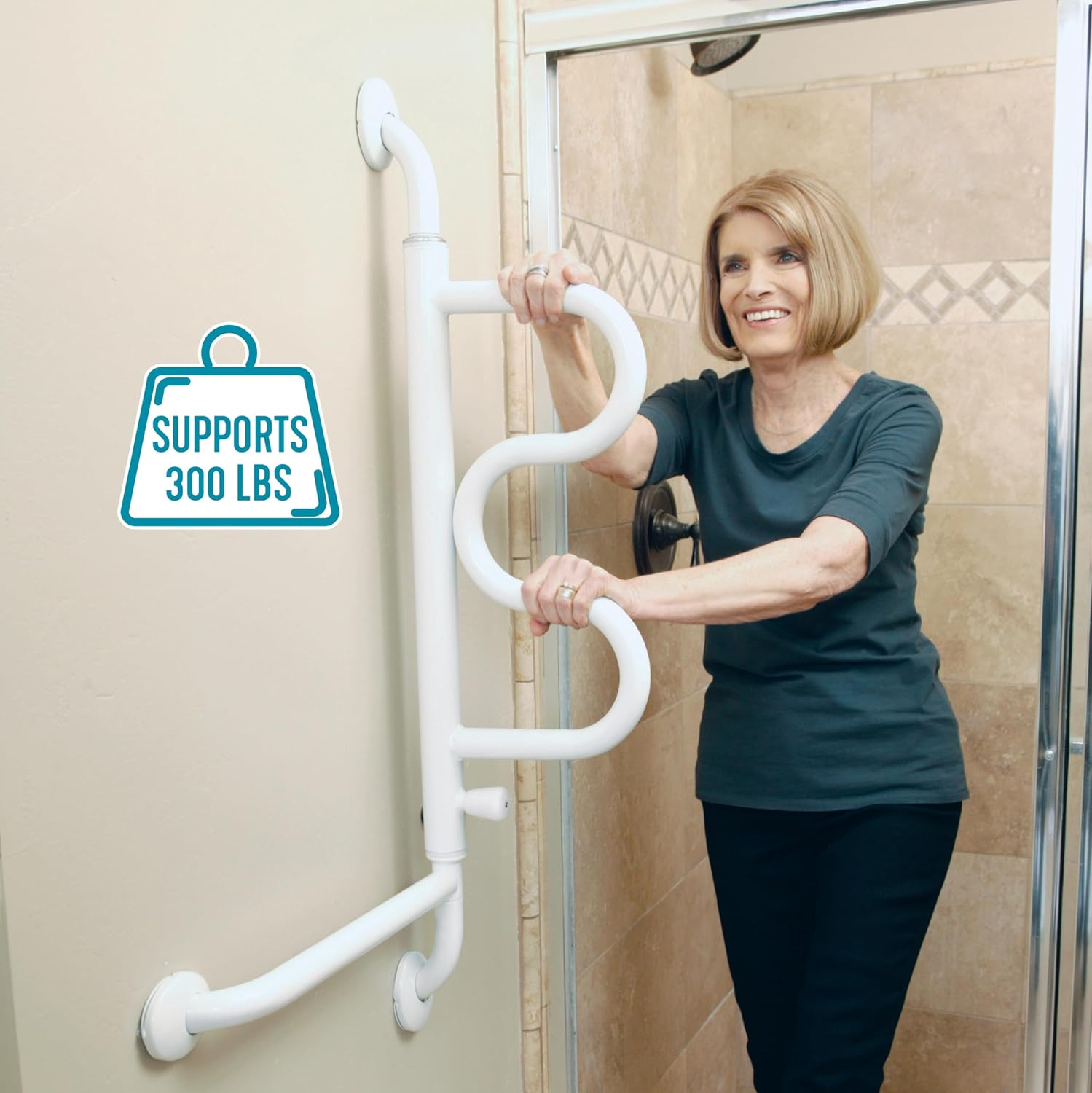 Stander Curve Grab Bar with Handrail, Bathroom Security Assist Railing for Toilet, Shower, and Bathtub Aid, Rotating Safety Handle