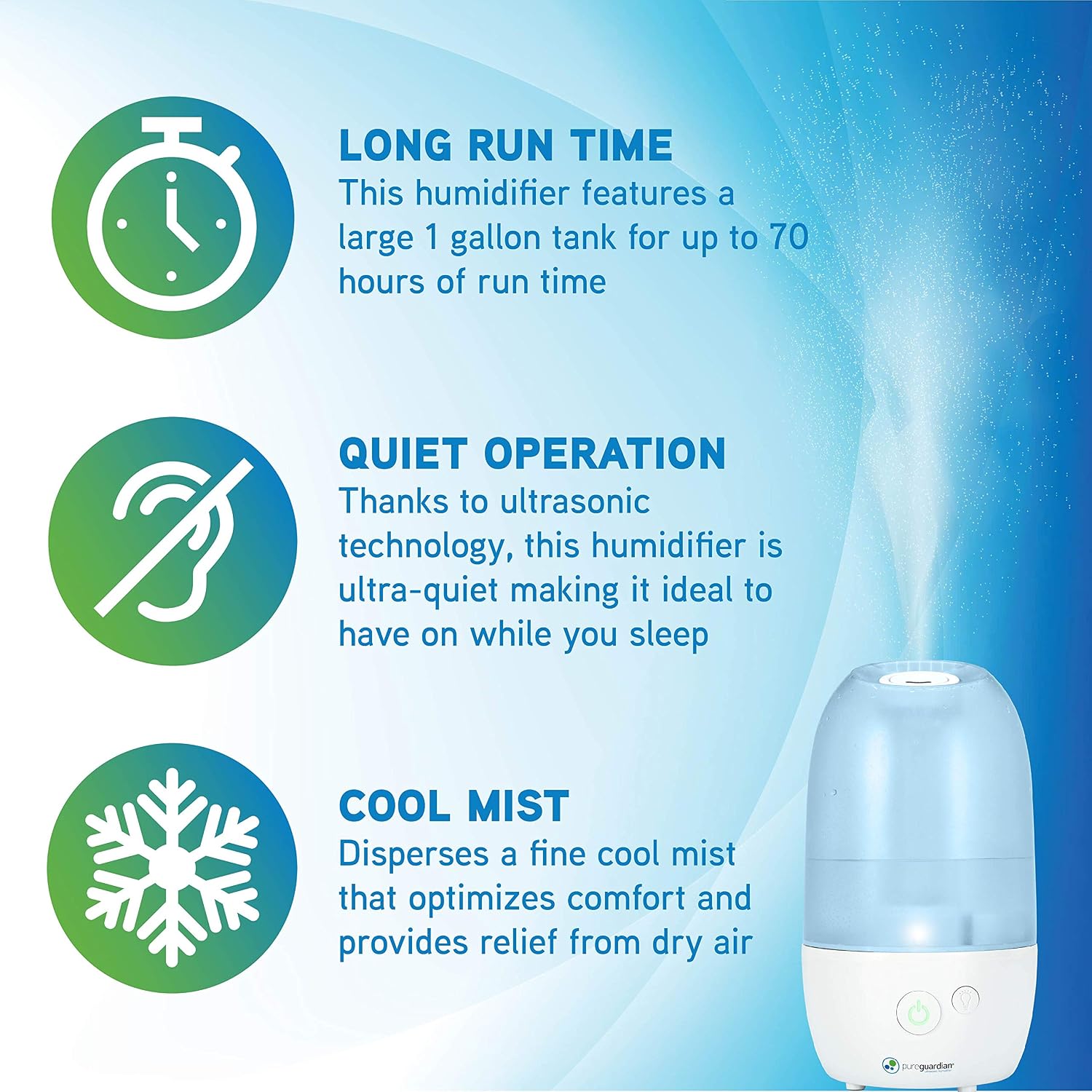 PureGuardian Ultrasonic Cool Mist Humidifier with Aromatherapy Tray, 70-Hour Run Time, 1-Gallon Tank Capacity, 320 Sq. Ft. Coverage for Small Rooms