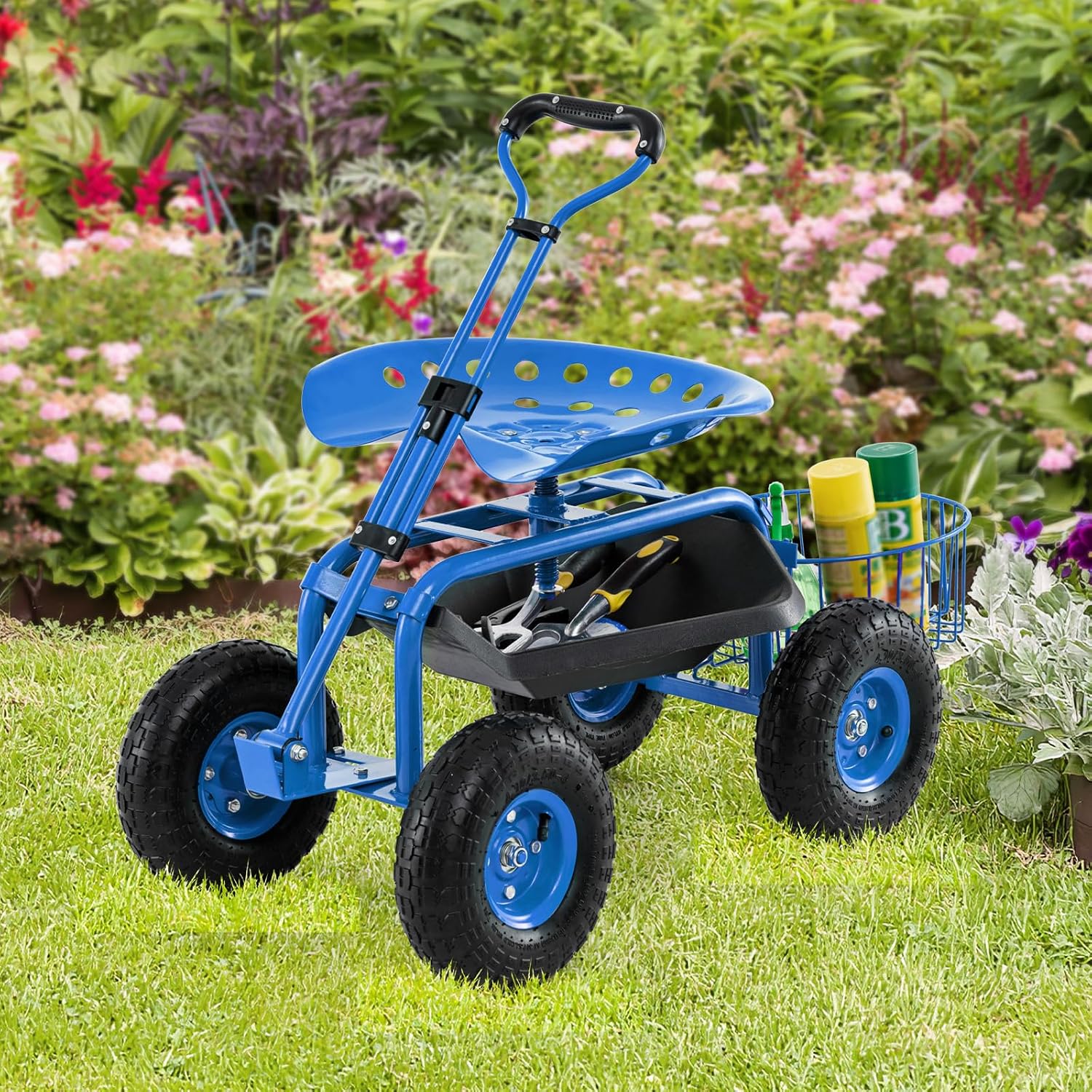 Goplus Rolling Garden Cart with Seat, Outdoor Garden Stool with Wheels, Tool Tray & Basket, Adjustable Steering Handle