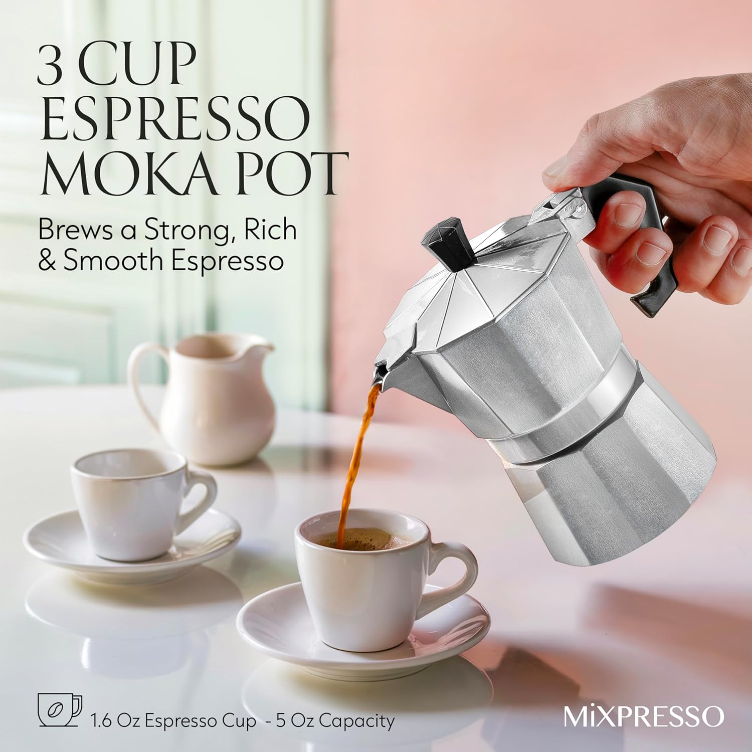 Mixpresso 3 Cup Moka Pot Stovetop Espresso Maker, Italian Cuban Coffee Pot