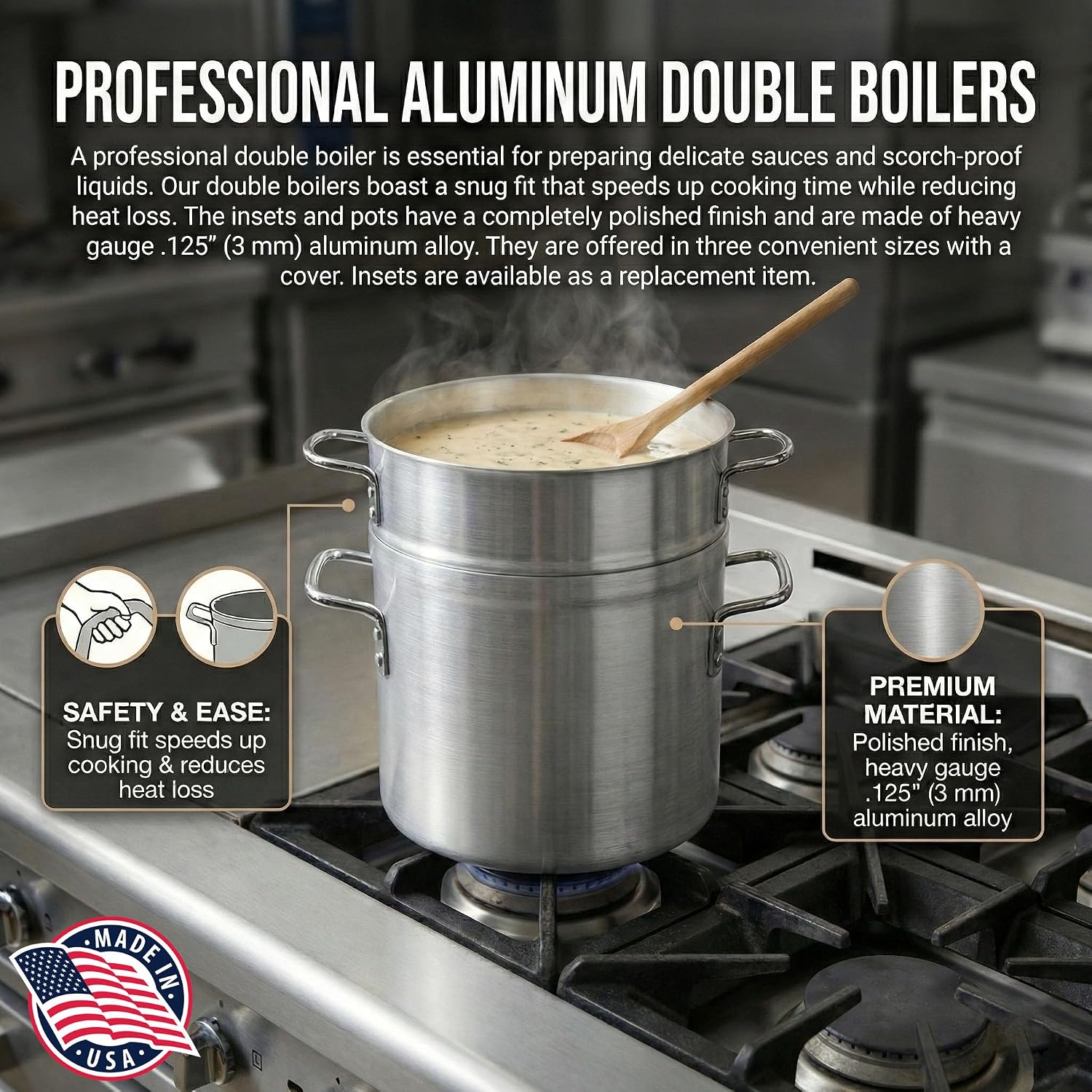 Alegacy Eagleware Double Boiler Pot, 11 Quart Commercial Aluminum Double Boiler with Lid, Heavy Gauge Polished Finish, Professional Cookware | EWDB12