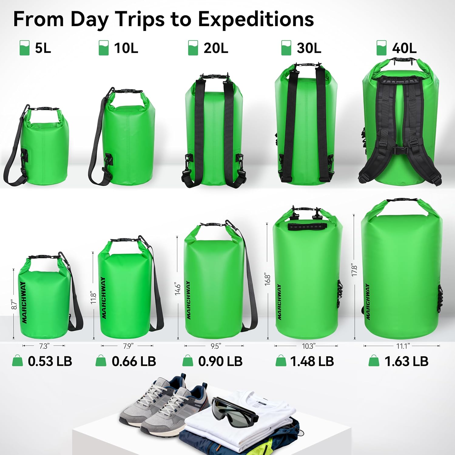 MARCHWAY Floating Waterproof Dry Bag Backpack 5L/10L/20L/30L/40L, Roll Top Sack Keeps Gear Dry for Kayaking, Rafting, Boating, Swimming, Camping, Hiking, Beach, Fishing