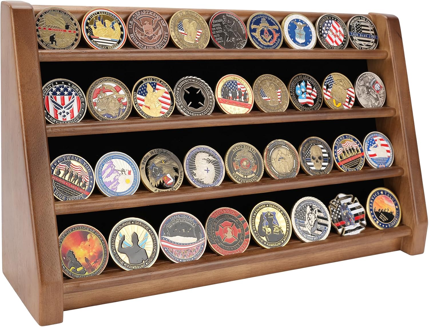 ASmileIndeep 3 Rows Wooden Challenge Coin Wall Display Stand - Military Coin Holder Army Coins Rack, Holds 21-24 Coins, Mahogany