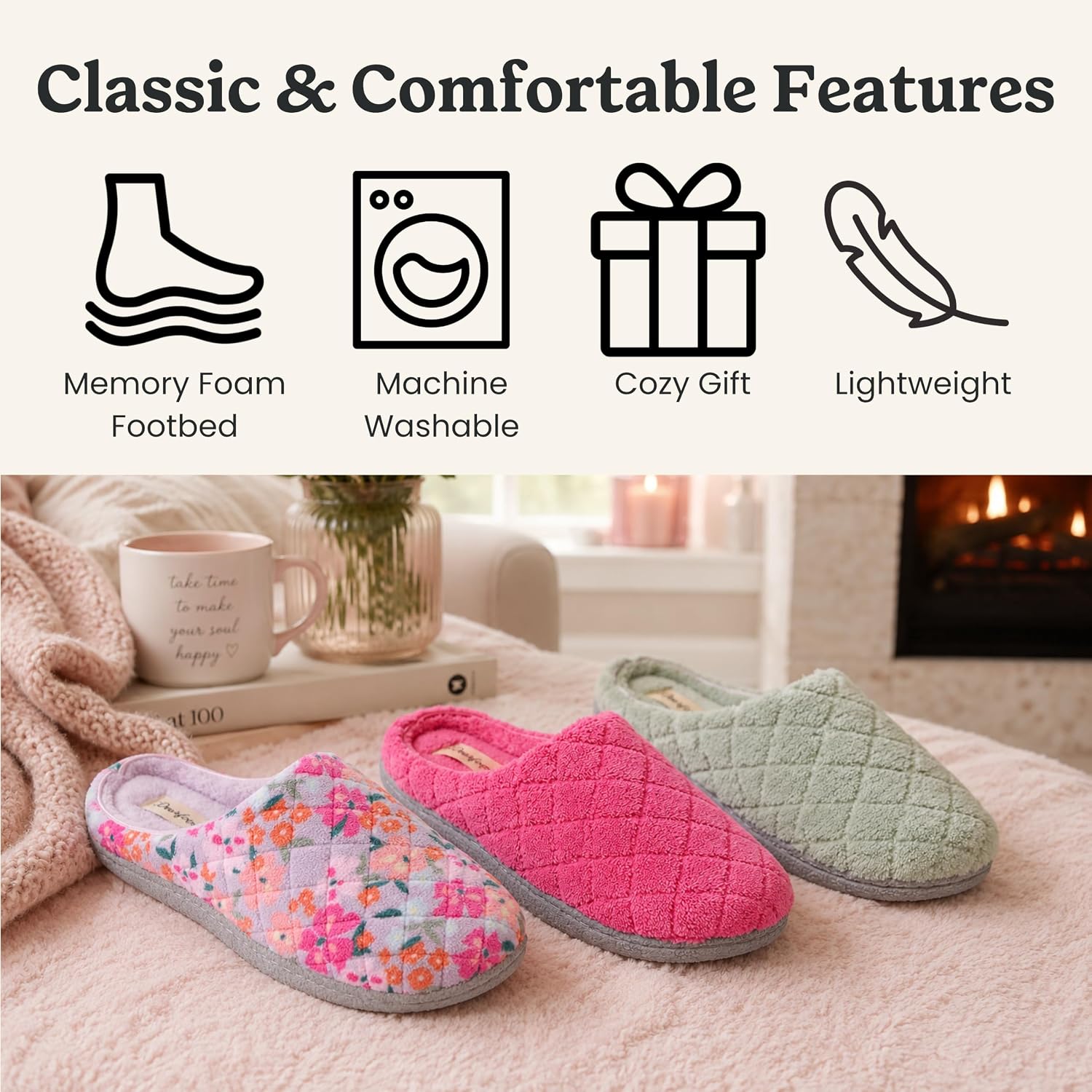 Leslie Terry Clog House Shoes with Memory Foam, Indoor Slippers with Wide Widths