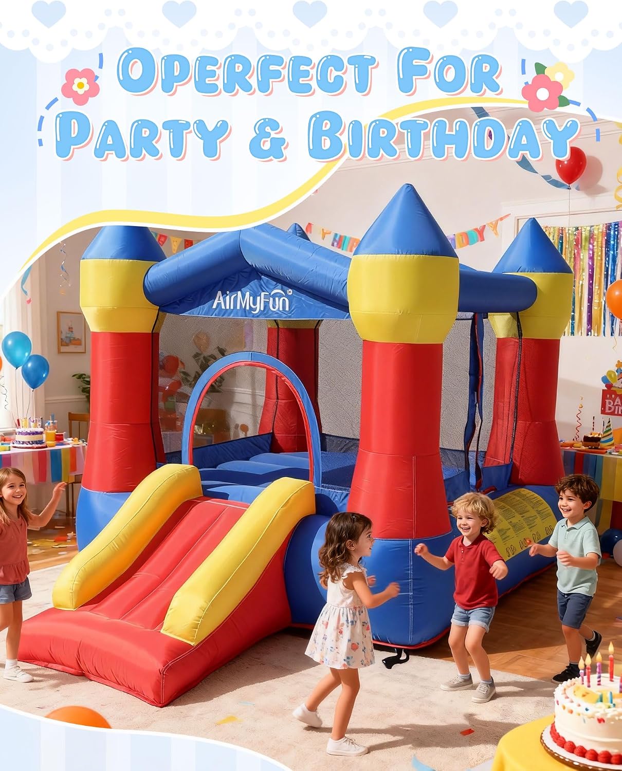 AirMyFun Pink Inflatable Toddler Bounce House with Blower, Indoor/Outdoor Jumping Castle for Kids 3-8, Inflatable Bouncy House with Slide, 82011B