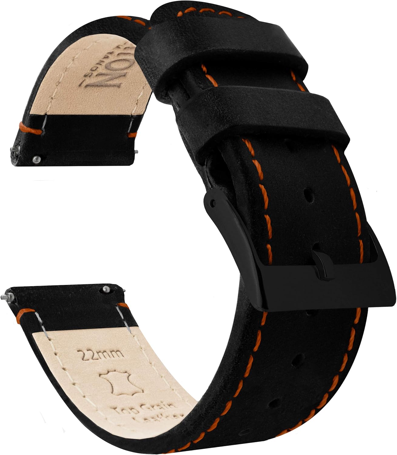 BARTON Quick Release Leather Black Buckle Watch Band Strap - Choose Color - 16mm, 18mm, 20mm, 22mm or 24mm - Black/Orange Stitching 22mm