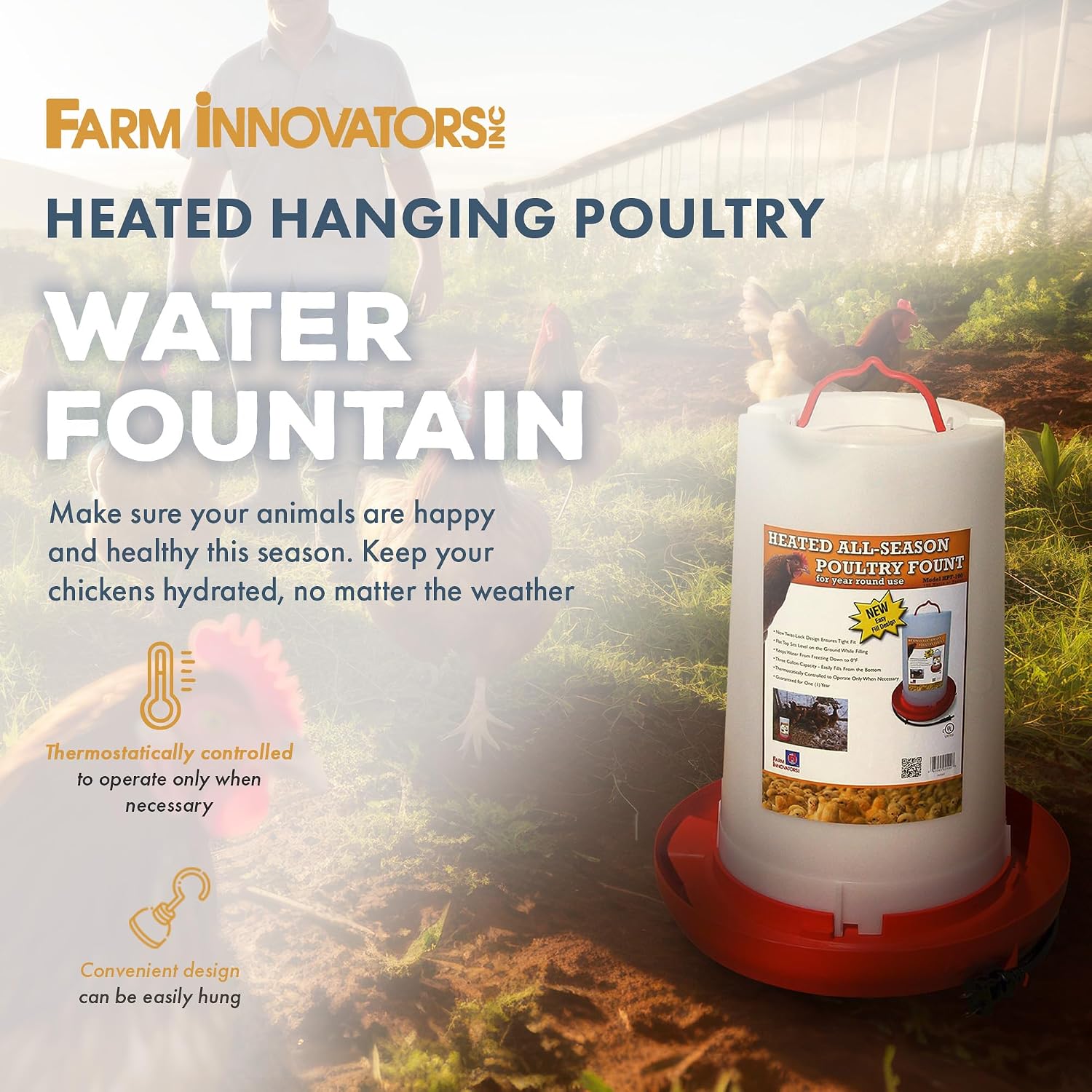 Farm Innovators Thermostatically Controlled Heated 3 Gallon Plastic Outdoor Year Round Hanging Water Fountain for Poultry Watering, Red | Thermostatically controlled, foldable legs adjust to three different heights, keeps water from freezing down to 0° F