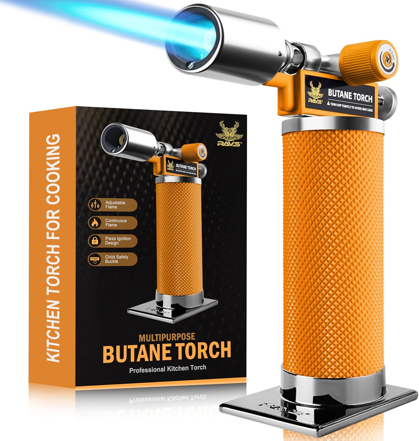 RAVS Butane Torch Lighter, Premium Metal Kitchen Torch with Adjustable Flame & Safety Buckle, Refillable Creme Brulee Torch for Baking, BBQ, DIY
