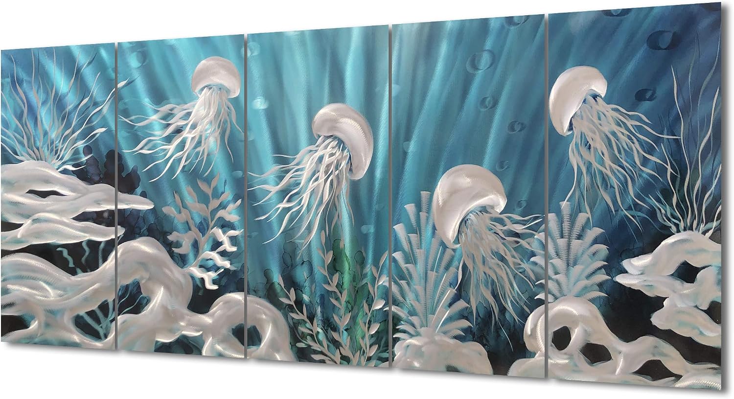 Yihui Arts Handcrafted 3D Metal Wall Art - Ocean Wave Sculpture, 5 - Panel Aluminum Decor for Living Room, Bedroom & Office