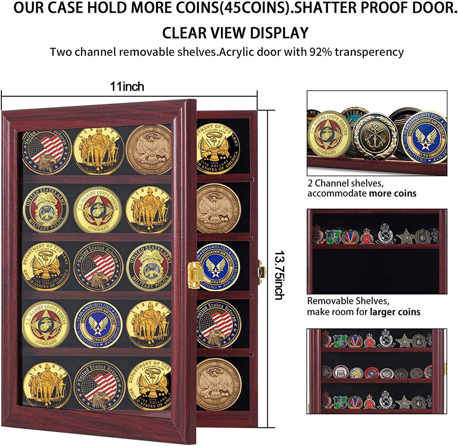 Jinchuan Military Challenge Coin Display Case Lockable Cabinet Rack Holder Shadow Box with Removable 2 Grooves Shelves and Anti Dust Door for Casino