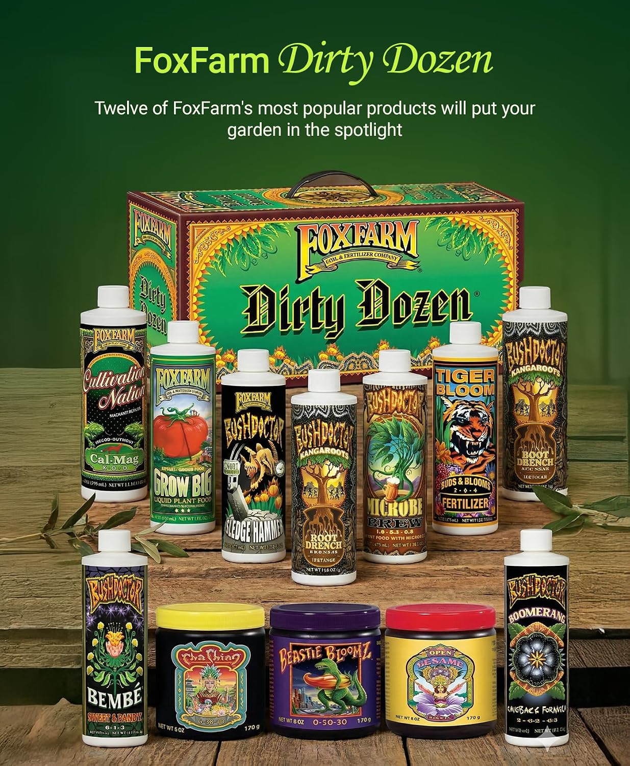 FoxFarm Dirty Dozen Liquids & Solubles Starter Pack - 3 Solubles (Open Sesame, Beastie Bloomz, Cha Ching) & 9 Pint Liquids (Big Bloom, Tiger Bloom