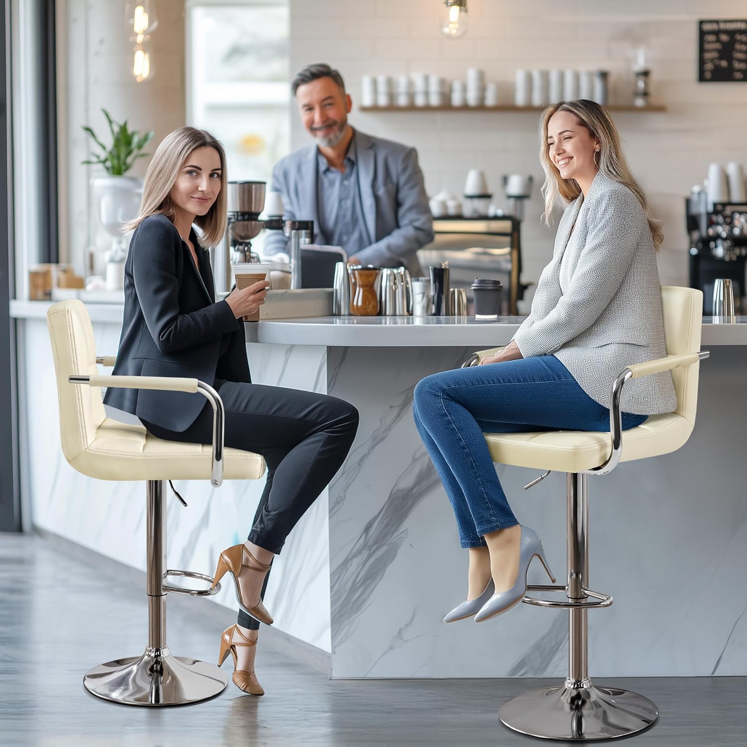 Yaheetech Bar Stools Set of 2, Swivel with Backs, Adjustable Height, White | 360° Swivel Barstools Feature Padded PU Leather Seats, Supportive Backs, 300 lb Capacity for Kitchen Islands