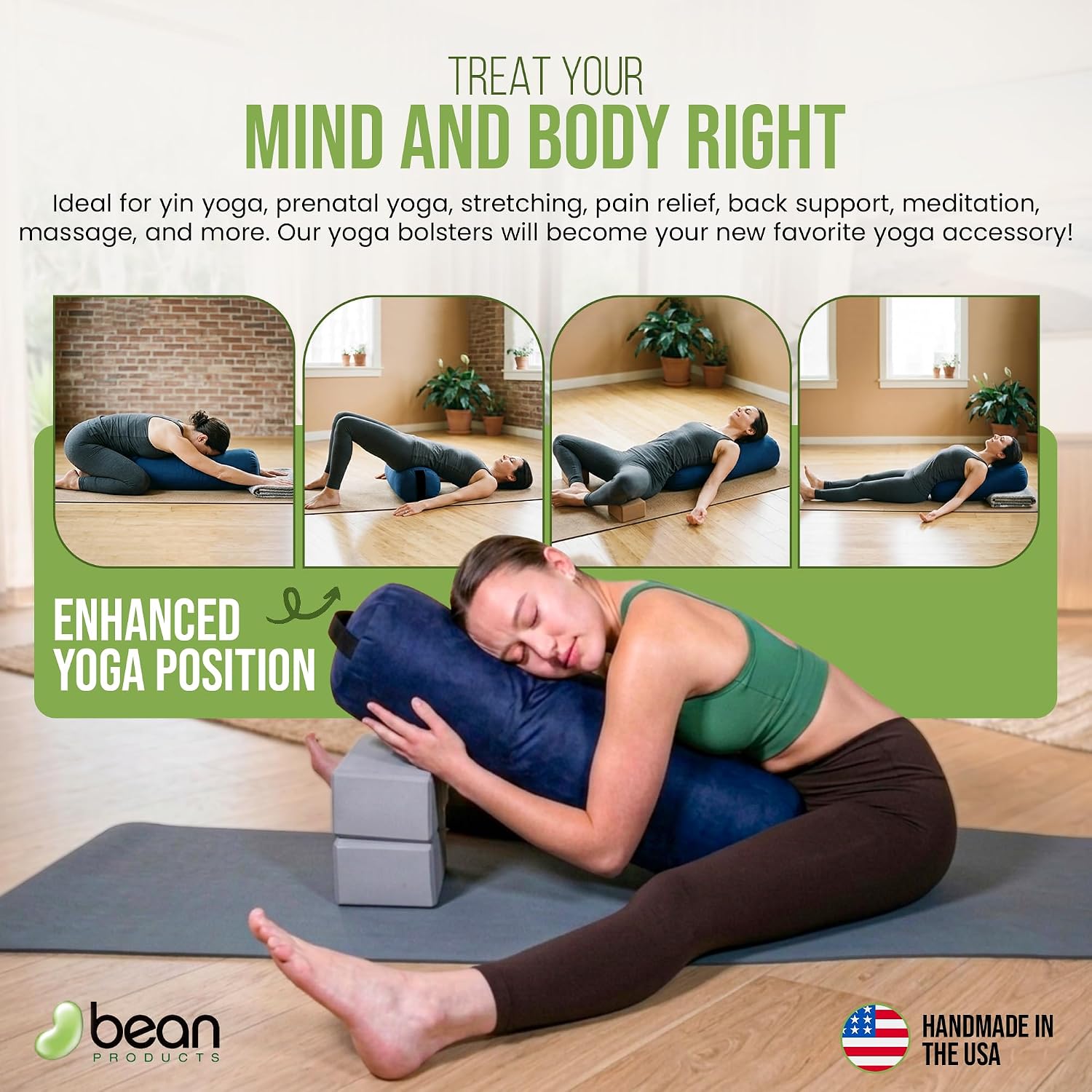 Bean Products Cotton Batting Yoga Bolster - Studio Grade Round or Rectangular Restorative Yoga Pillow for Pilates and Yin Practice - Soft Yet Firm Support with Cotton Cover - Made in The USA
