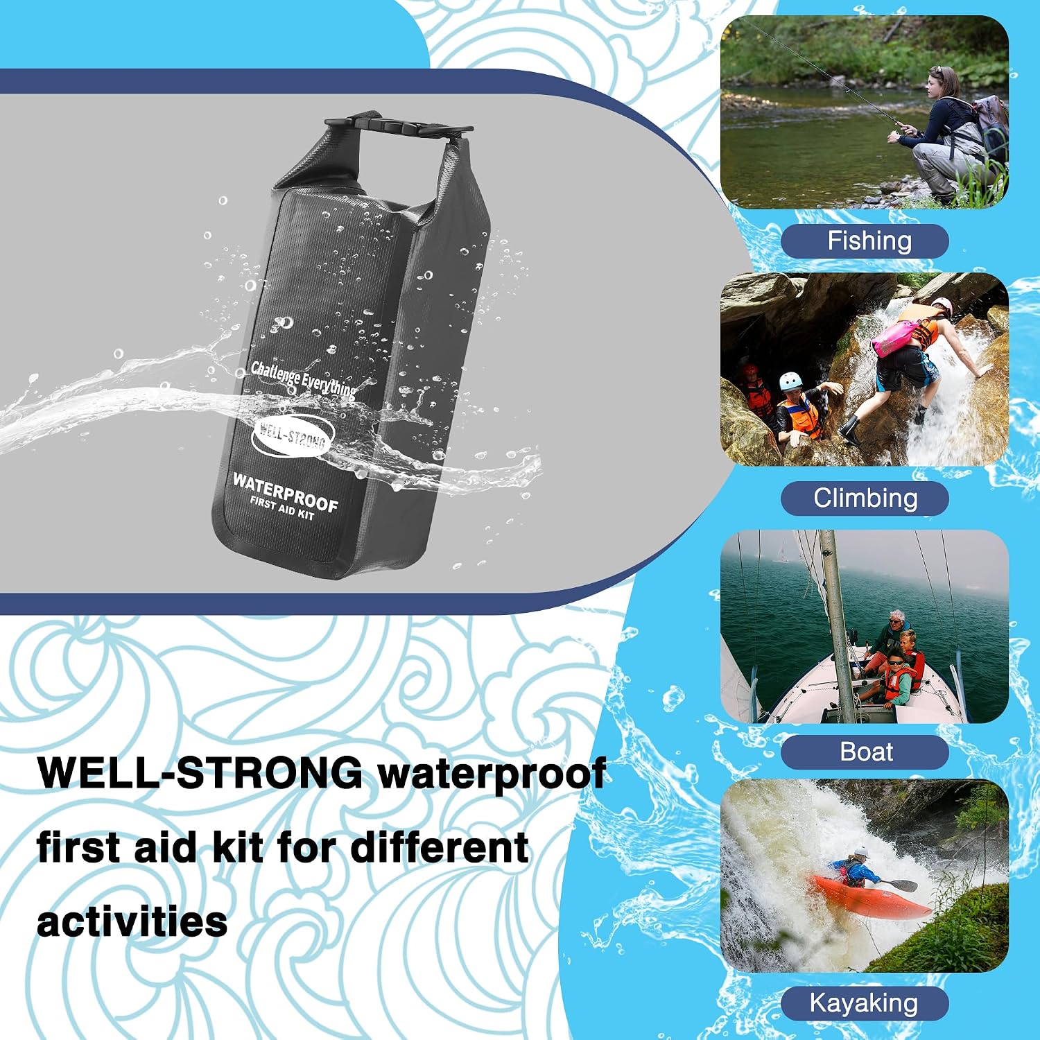 Waterproof First Aid Kit Roll Top Boat Emergency Kit with Waterproof Contents for Fishing Kayaking Boating Swimming Camping Rafting Beach Red