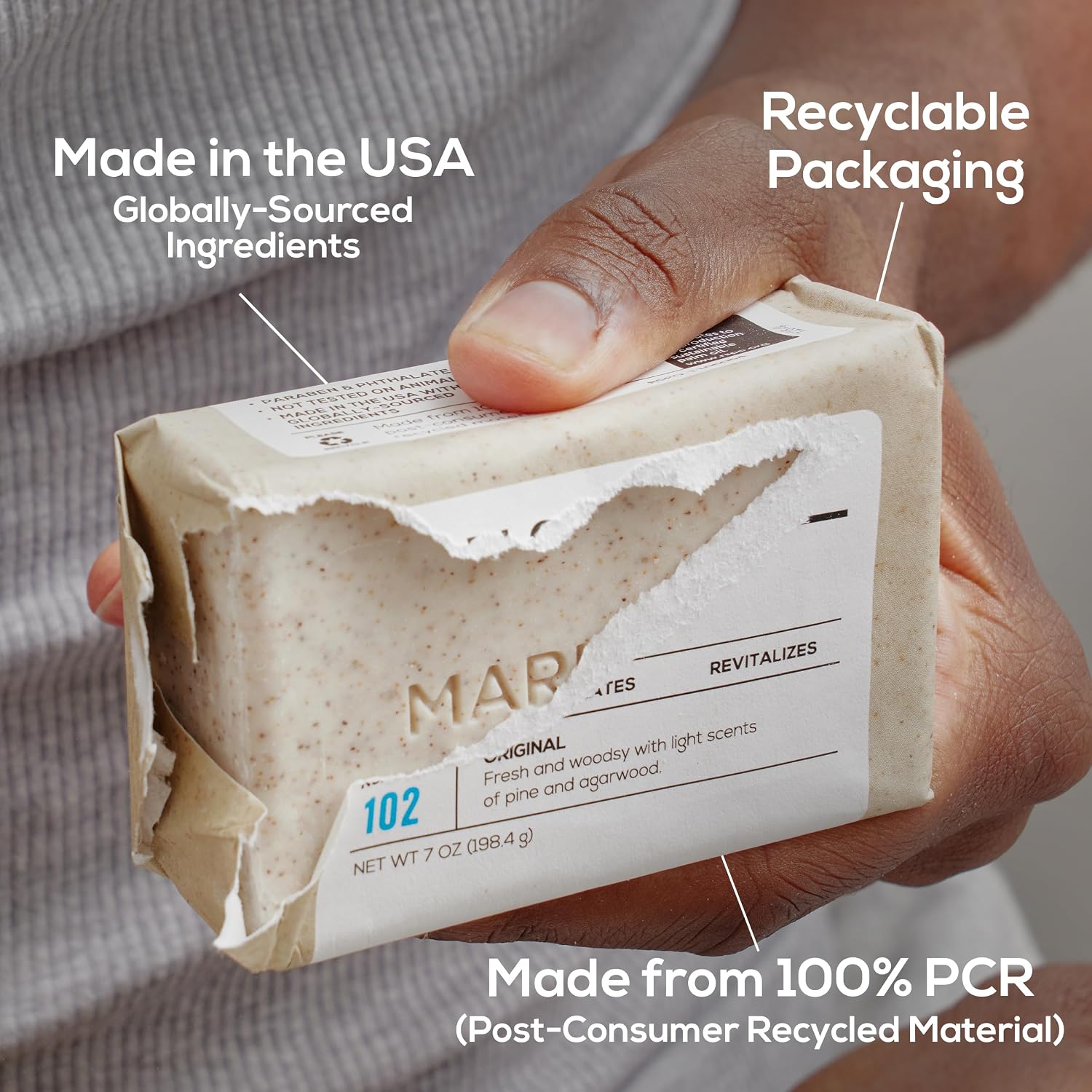 MARLOWE. Body Scrub Soap, Exfoliating Soap Bar, Sage + Fir, 7 oz | Scrub Soap Bar that deeply cleanses and exfoliates while buffing away rough, dry skin. Original Sage + Fir scent.