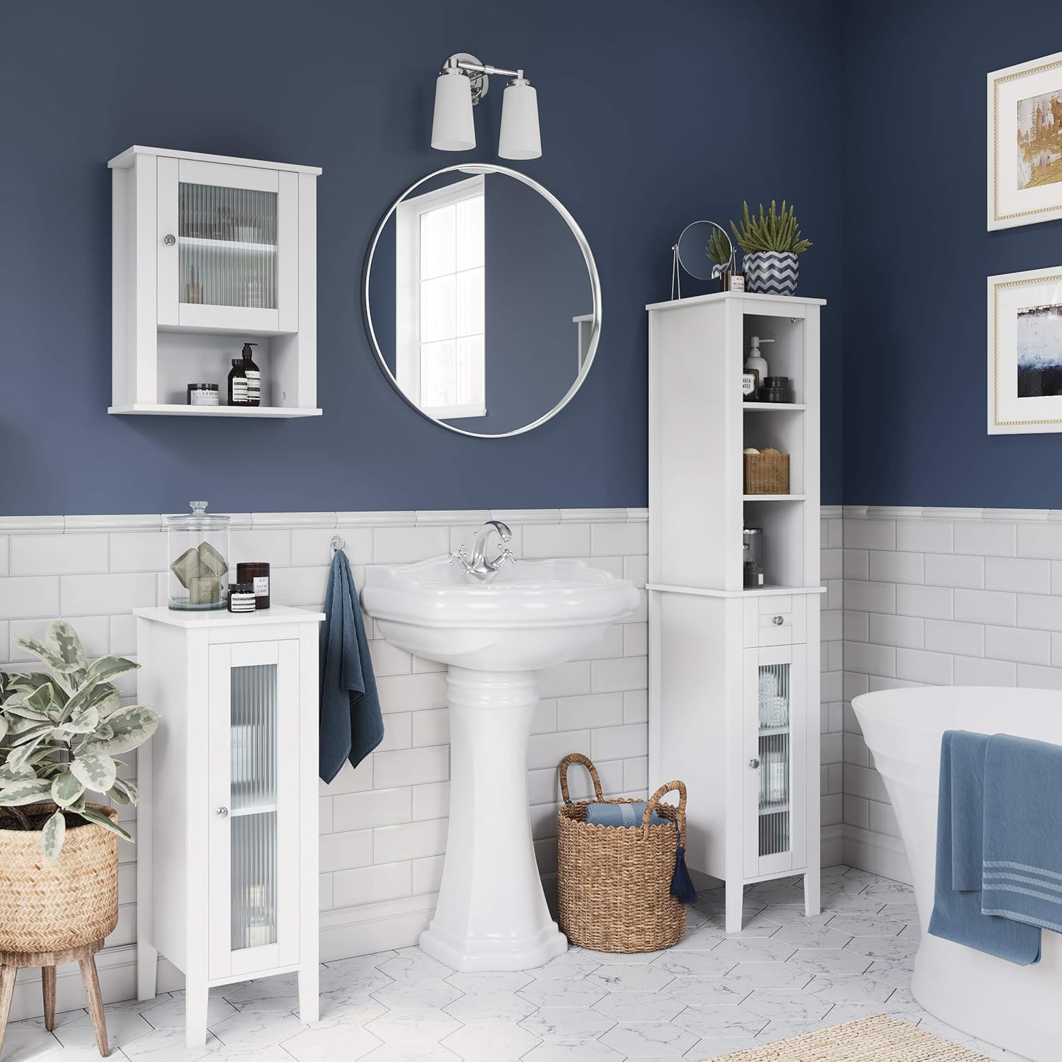 RiverRidge Prescott Tall Slim Bathroom Linen Storage Cabinet, White | Versatile Narrow Organizer with Reeded Glass Door, Open Display