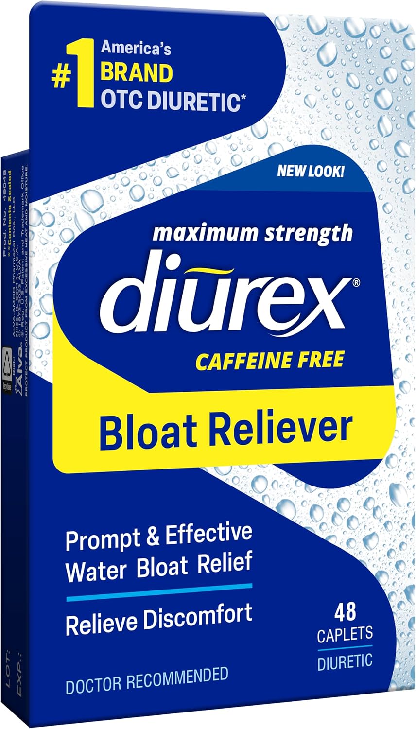 Diurex Caffeine-Free Bloat Relief, Maximum Strength, Relieve Water Bloat Discomfort, Up to 6 Hours of Relief, 48 Count | Promptly relieves water & belly bloat, discomfort, puffiness & swelling. Maximum strength with up to 6 hours relief.