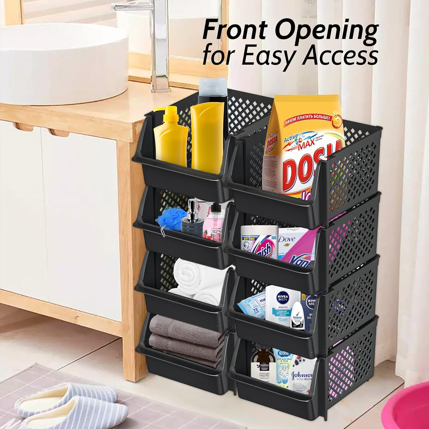 Skywin Stackable Storage Bins Open Front for Pantry Storage, 4 Pack - Black