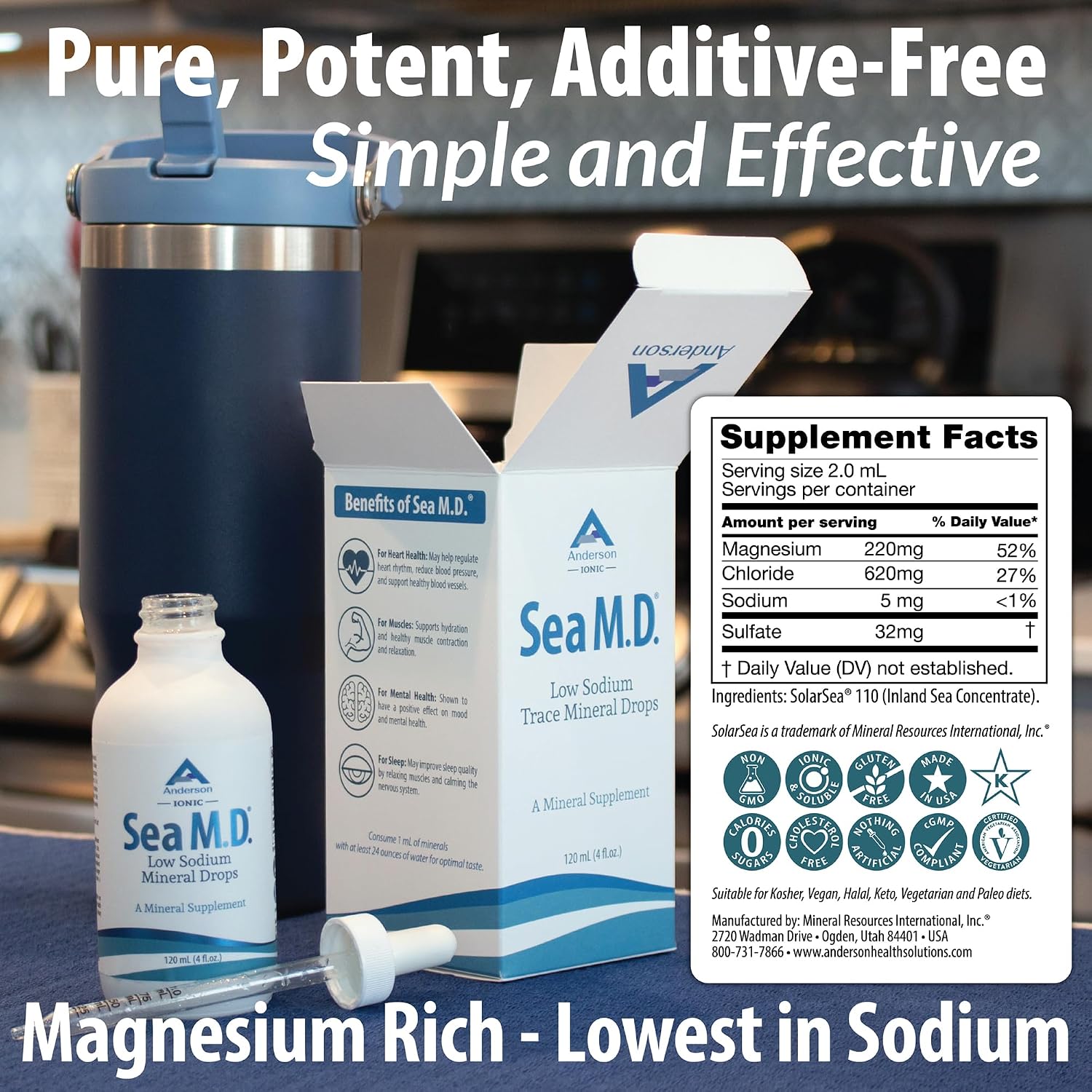 Anderson Sea M.D. Concentrated Trace Mineral Drops, 79 Trace Minerals with Magnesium, Sodium and Chloride Electrolytes - Supports Hydration, Energy, Muscles and Bone Health - 4 Fl Oz, 60 Servings
