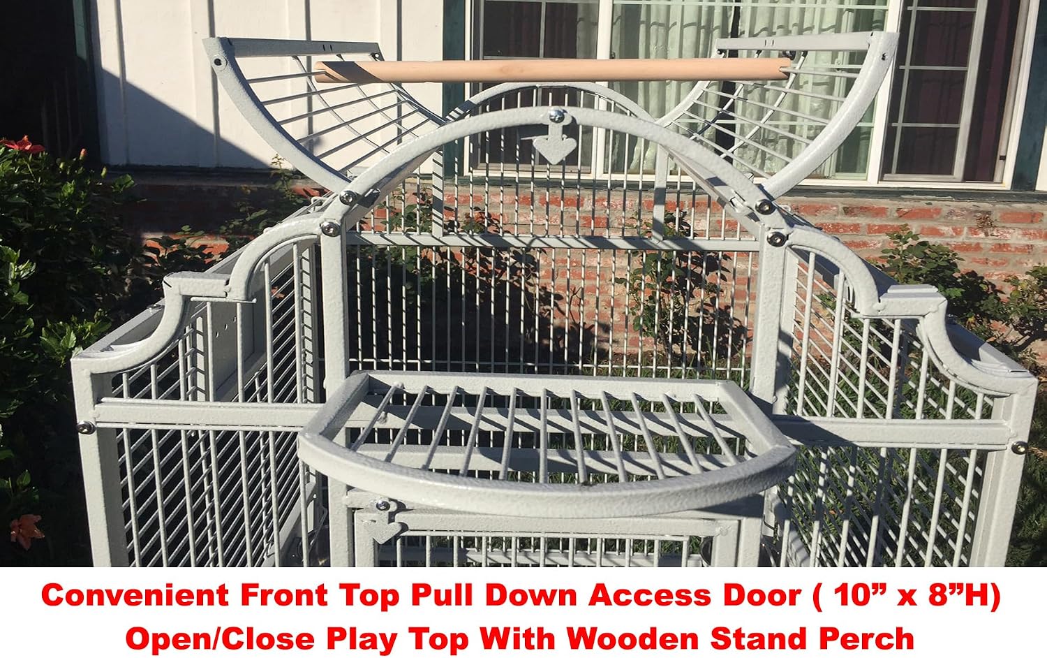 Large Elegance and Durable Wrought Iron Open Play Top Stand Bird Parrot Rolling Cage, Include Metal Seed Guard Solid Metal Feeder Nest Door (White Vein, 24.0" L x 22.0" W x 63.0" H)