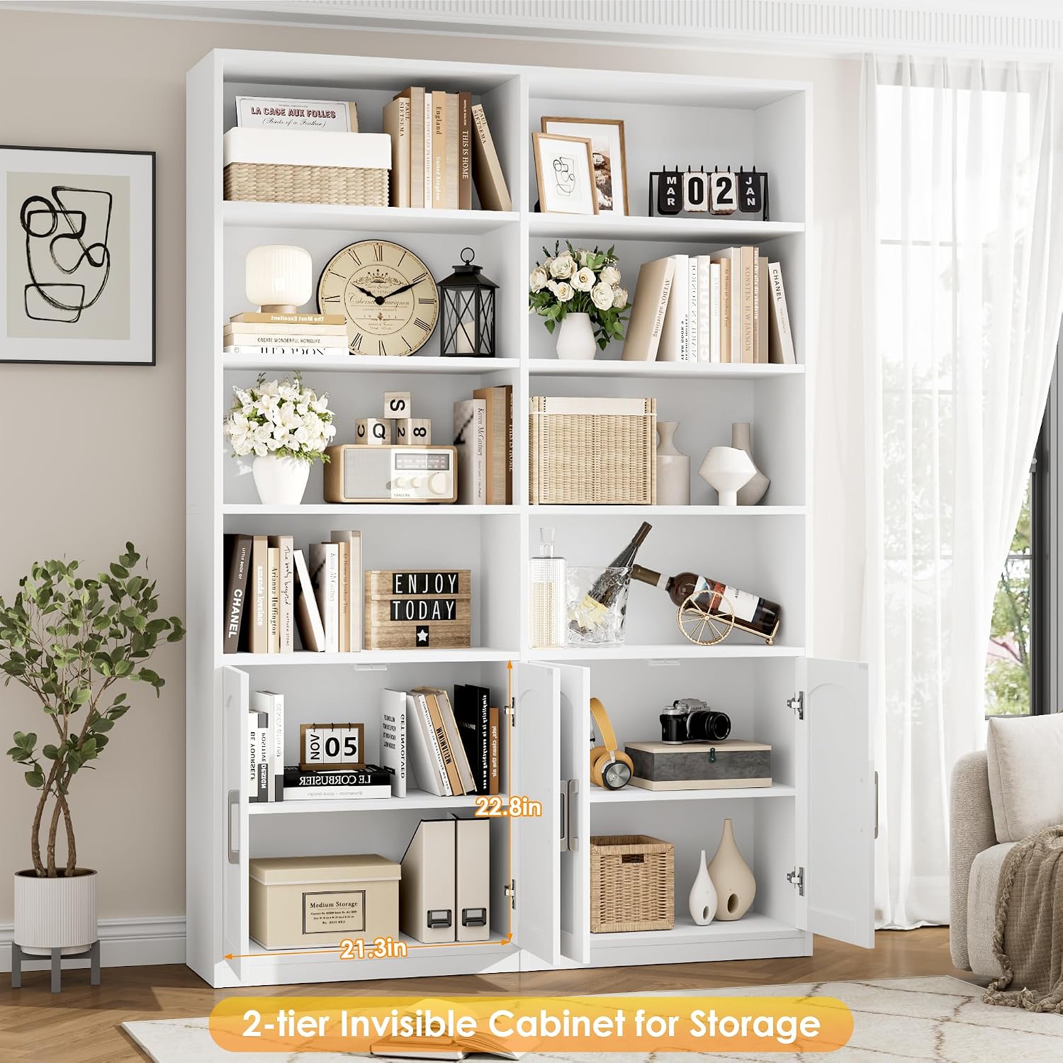 Bookshelf and Bookcase with Doors, Double Wide Large Bookshelves | Industrial Open Display Shelves 6 Tier, 73'' Tall Bookshelf with Storage Cabinets for Office,Home, Living Room, Library,White