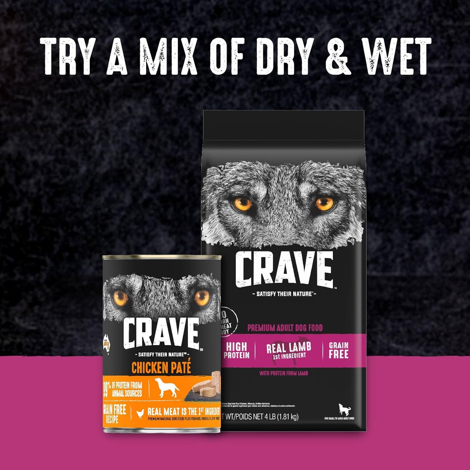 CRAVE Grain Free High Protein Natural Adult Dry Dog Food, Lamb, 4 lb | 34% protein, real animal protein, no by-product meal, no corn, wheat, soy, no artificial flavors, energy support